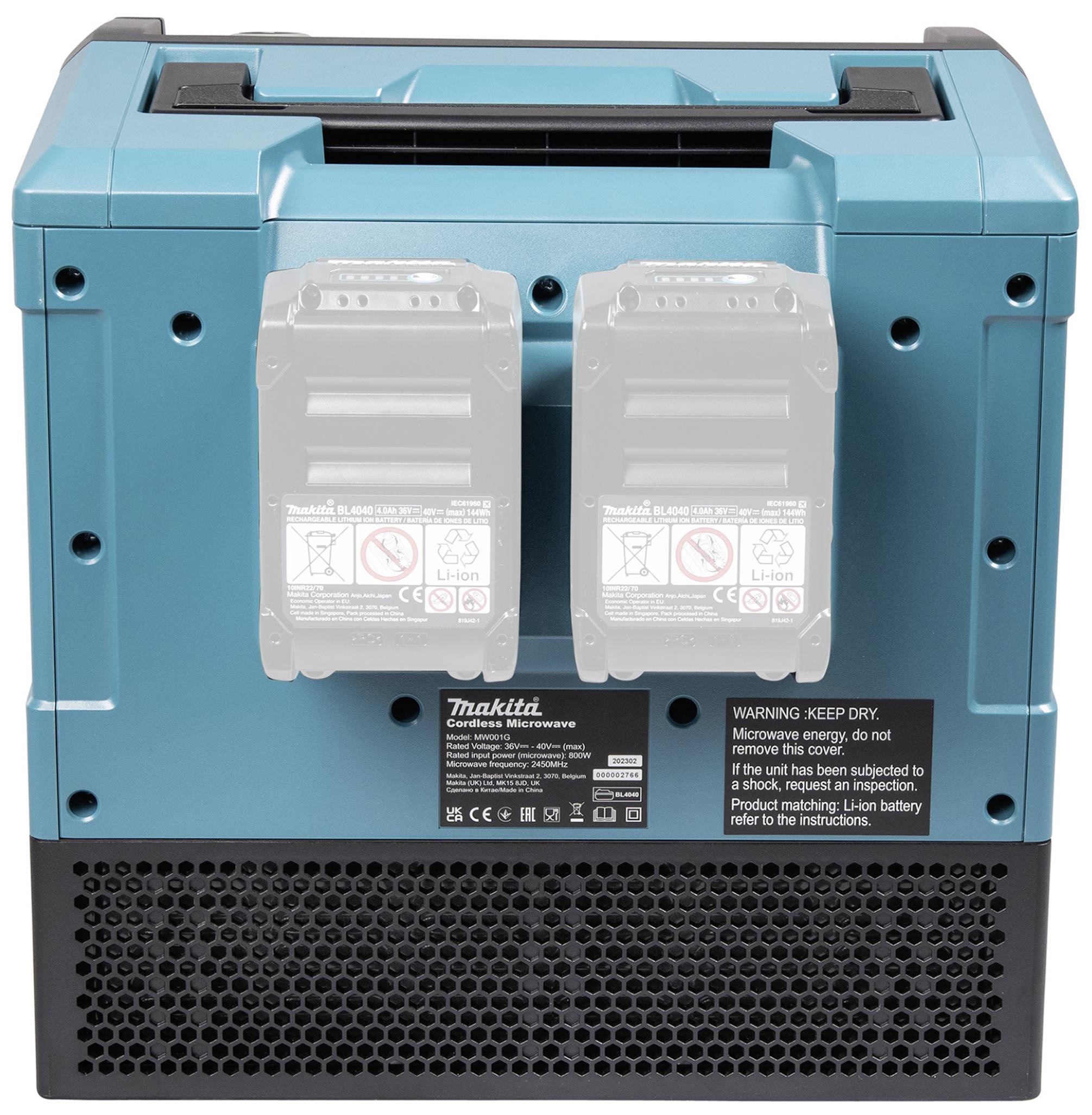 Tragbare, batteriebetriebene Mikrowelle in Türkis mit zwei Batterieschächten, Lüftungsgitter an der Vorderseite und Etikettenwarnung.