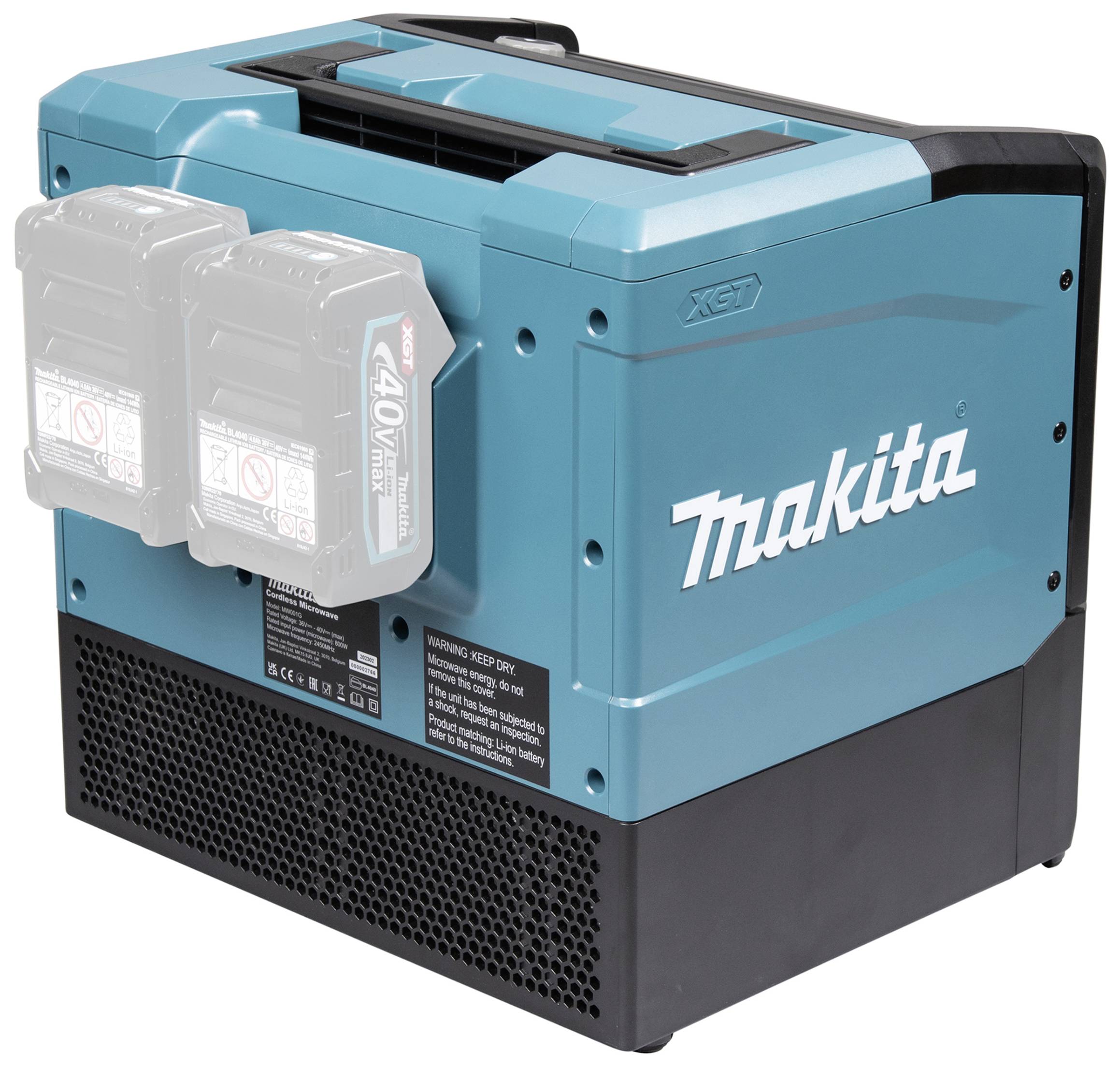 Ein tragbarer, blau-schwarzer Akkukühler mit zwei sichtbaren Batterieeinsätzen an der Vorderseite.