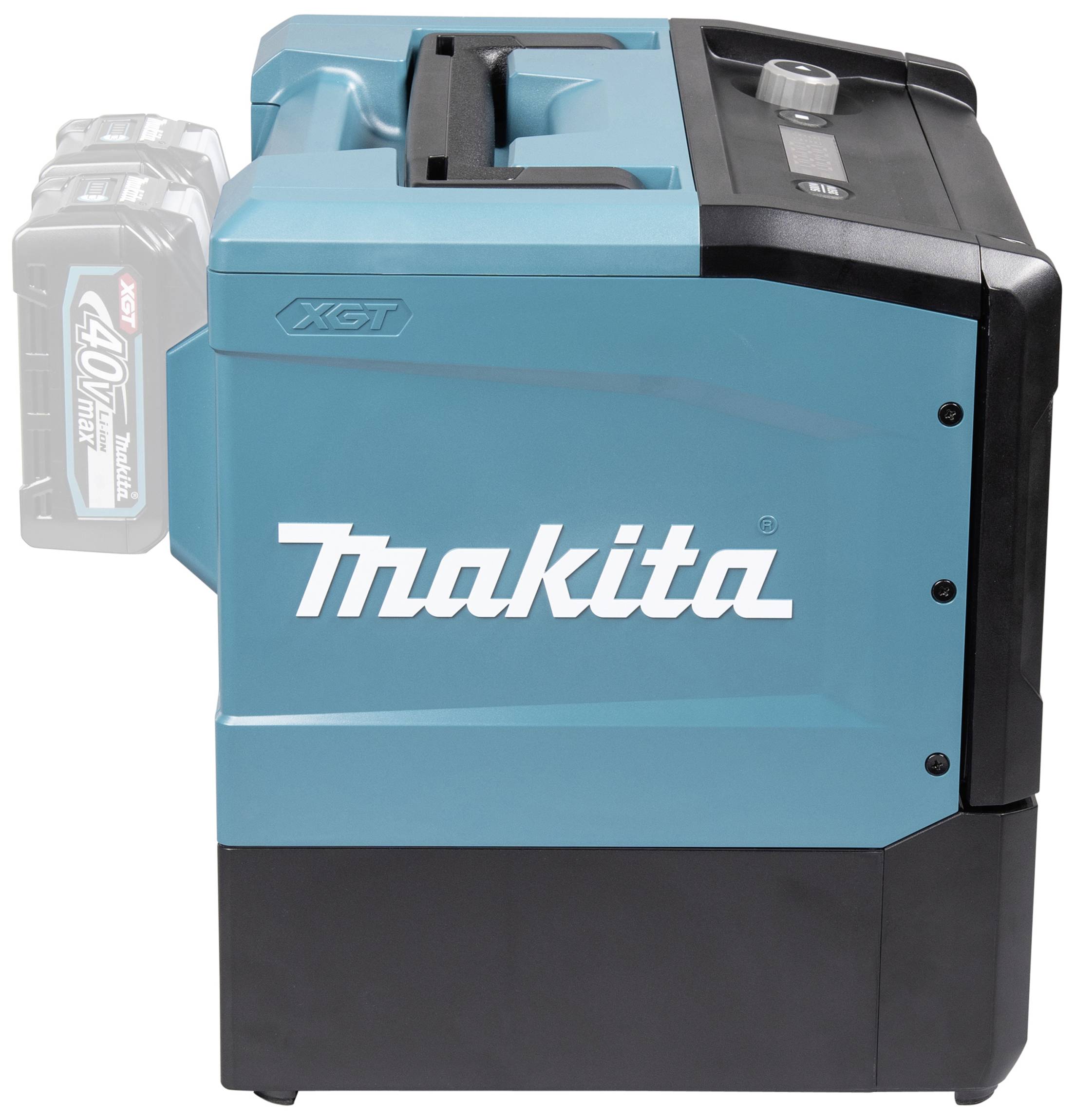 'Makita'-Markenkoffer, batteriebetrieben, türkisblau mit schwarzem Griff. Enthält 40 V Akku und XGT-Logo, robustes Design.