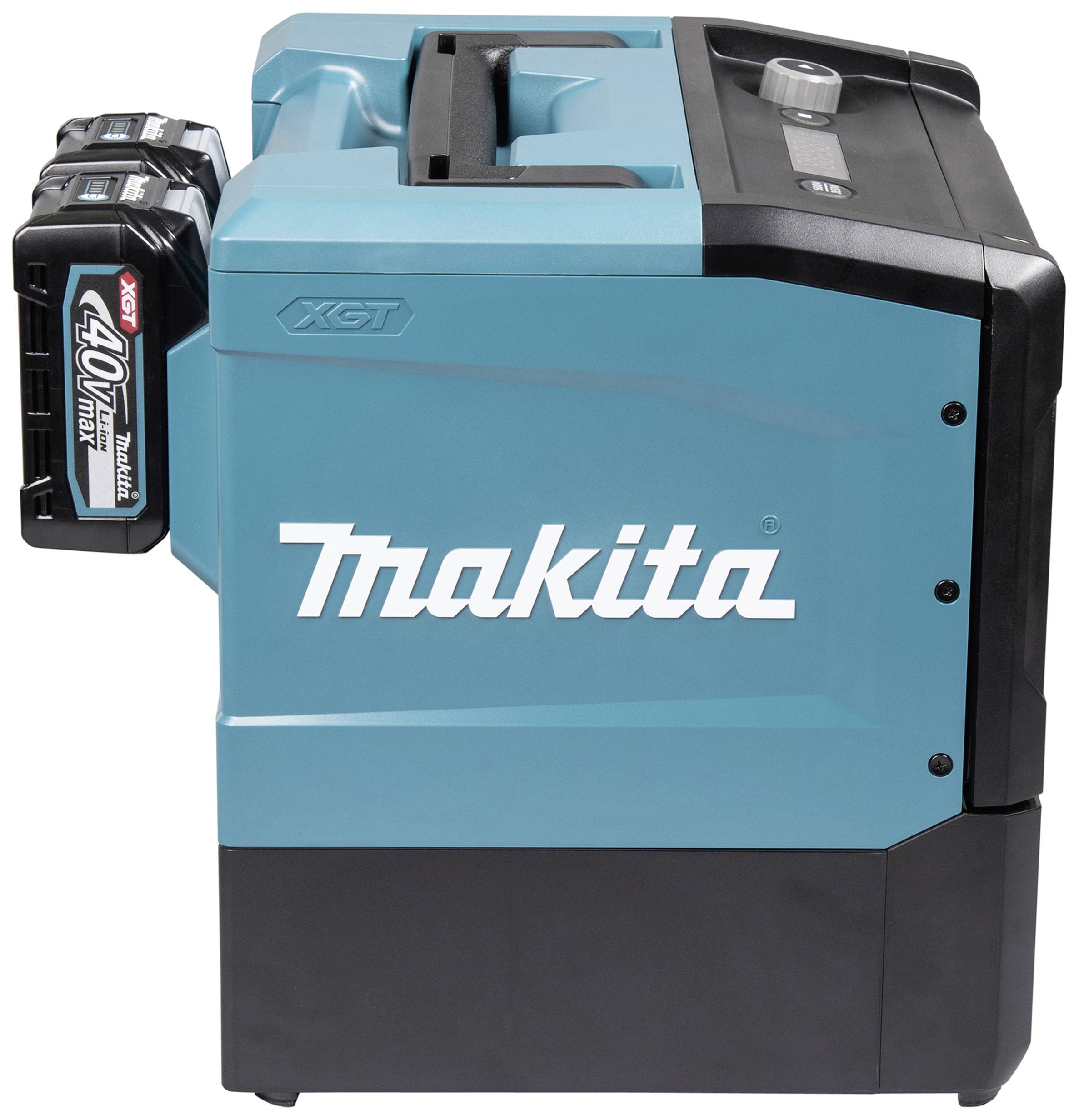 Blauer Makita Akku-Kühlschrank der Serie XGT 40V mit seitlich angebrachtem Akkupack.