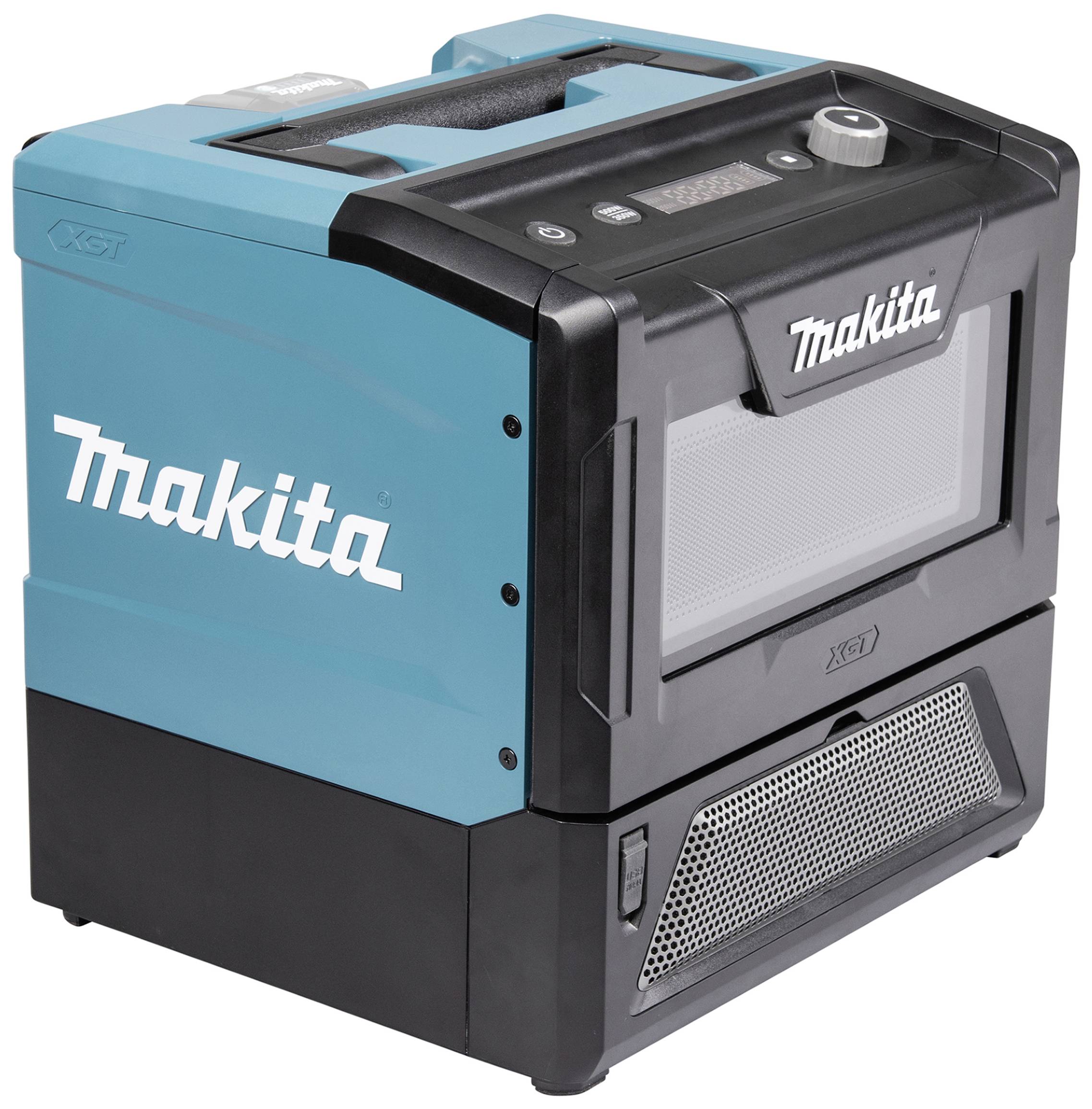 Ein tragbarer, akkubetriebener Mikrowellenofen der Marke Makita, blau-schwarz, mit Digitalanzeige und Tragegriff.