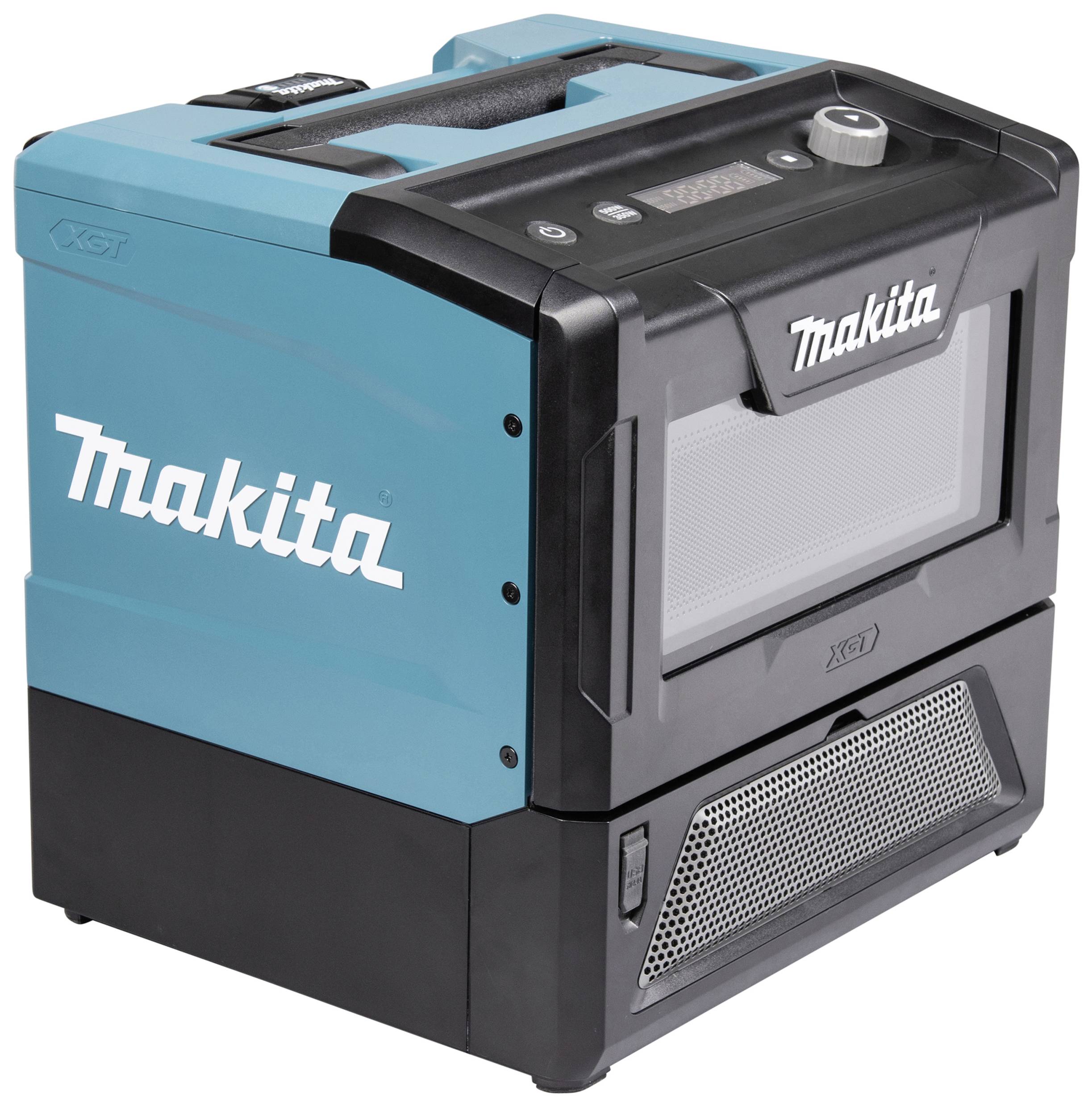 Der Makita Mikrowellenofen in Blau-Schwarz mit Griff und Kontrollpanel zeigt das Logo seitlich an.