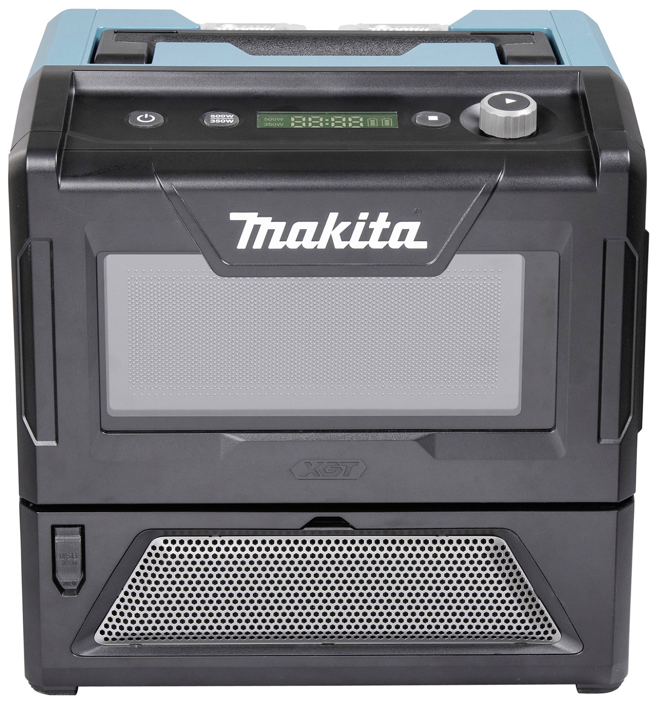 Kompakte Mikrowelle von Makita mit digitalem Display und Drehregler, geeignet für den mobilen Einsatz, robustes schwarzes Design.