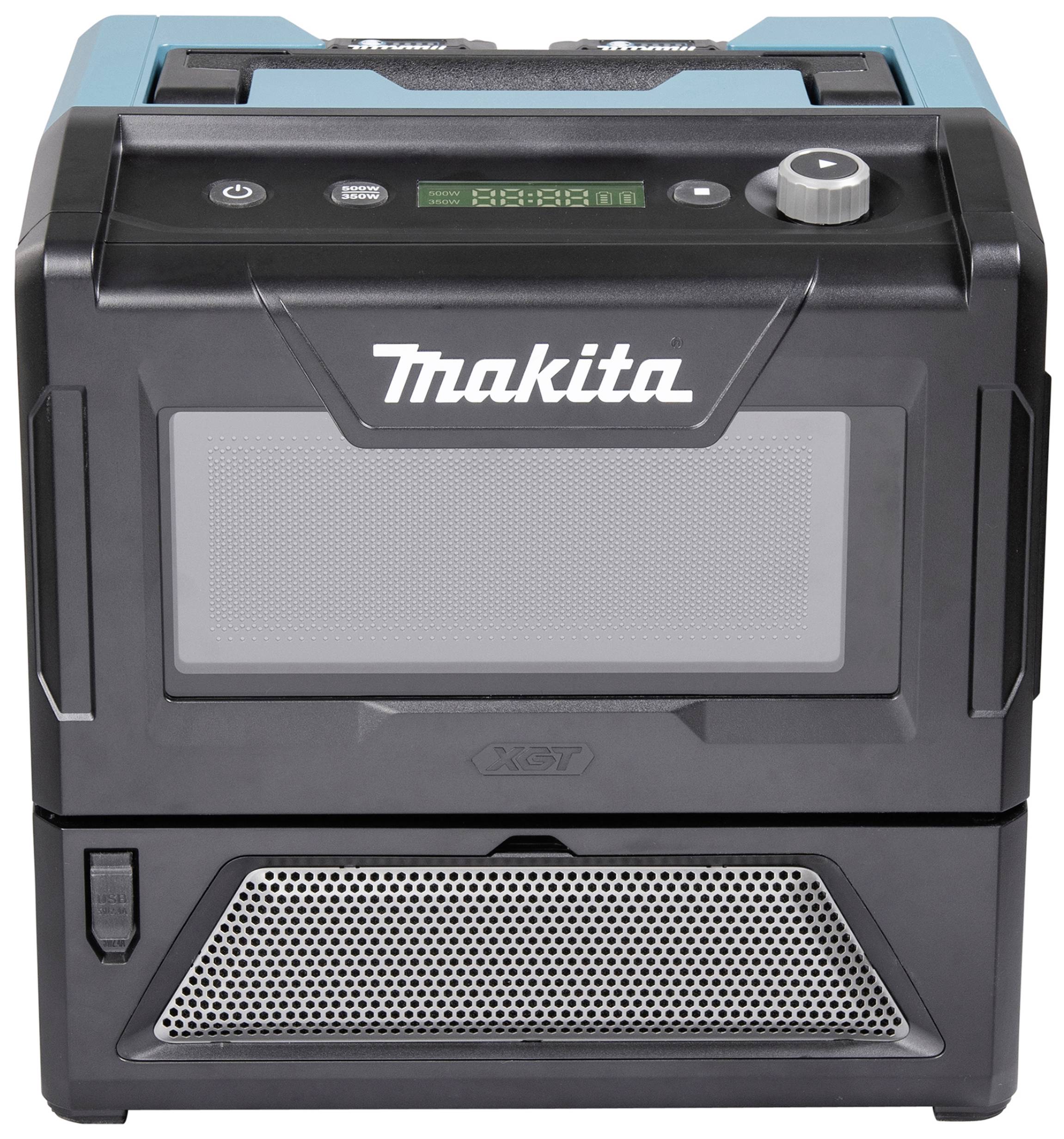 Ein tragbarer schwarzer Akku-Kühlschrank von Makita mit digitalem Display oben.