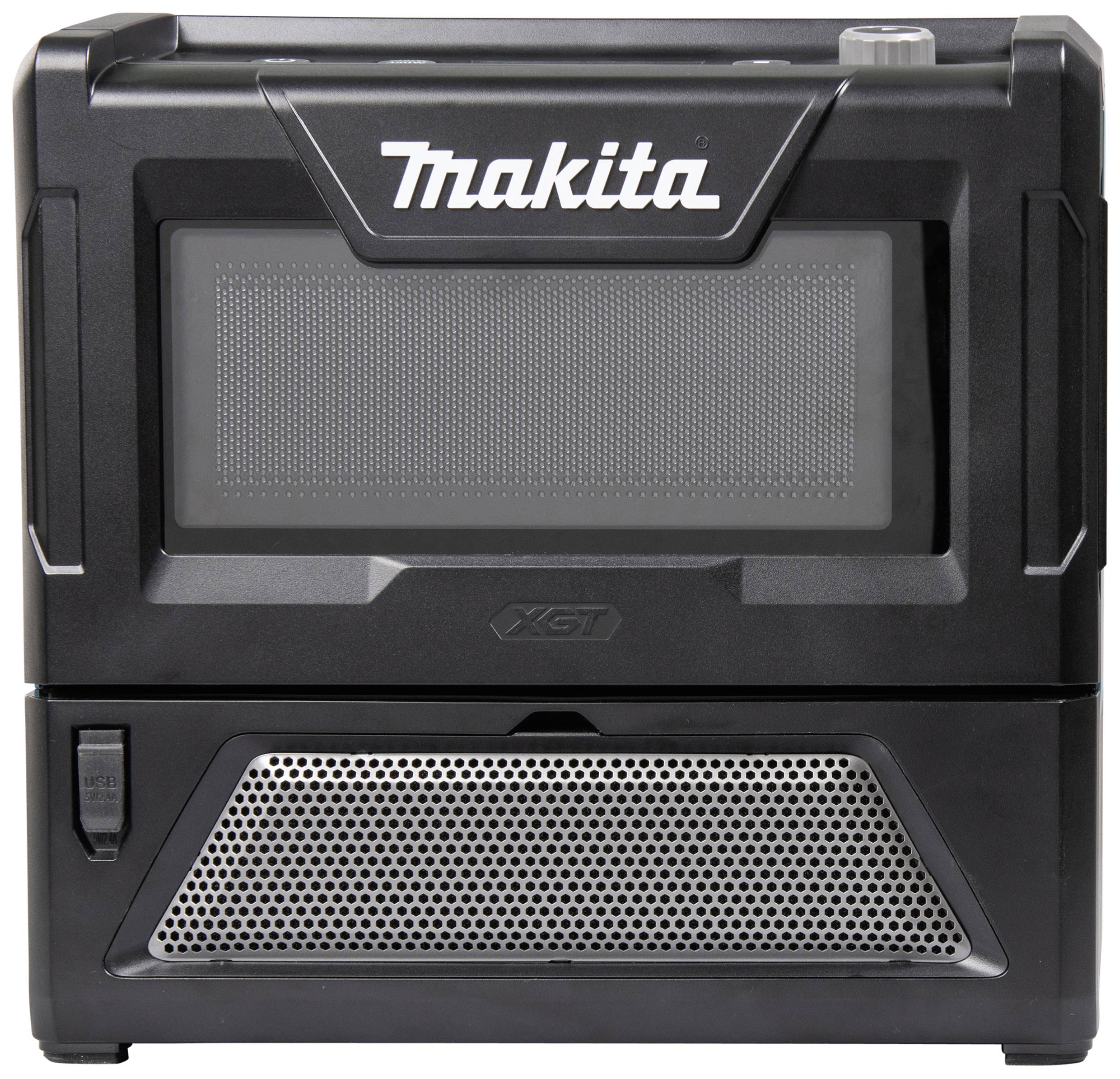 Schwarze Makita Mikrowelle mit schlichtem Design, trägt das Makita-Logo oben. Darunter befindet sich ein Lüftungsgitter.