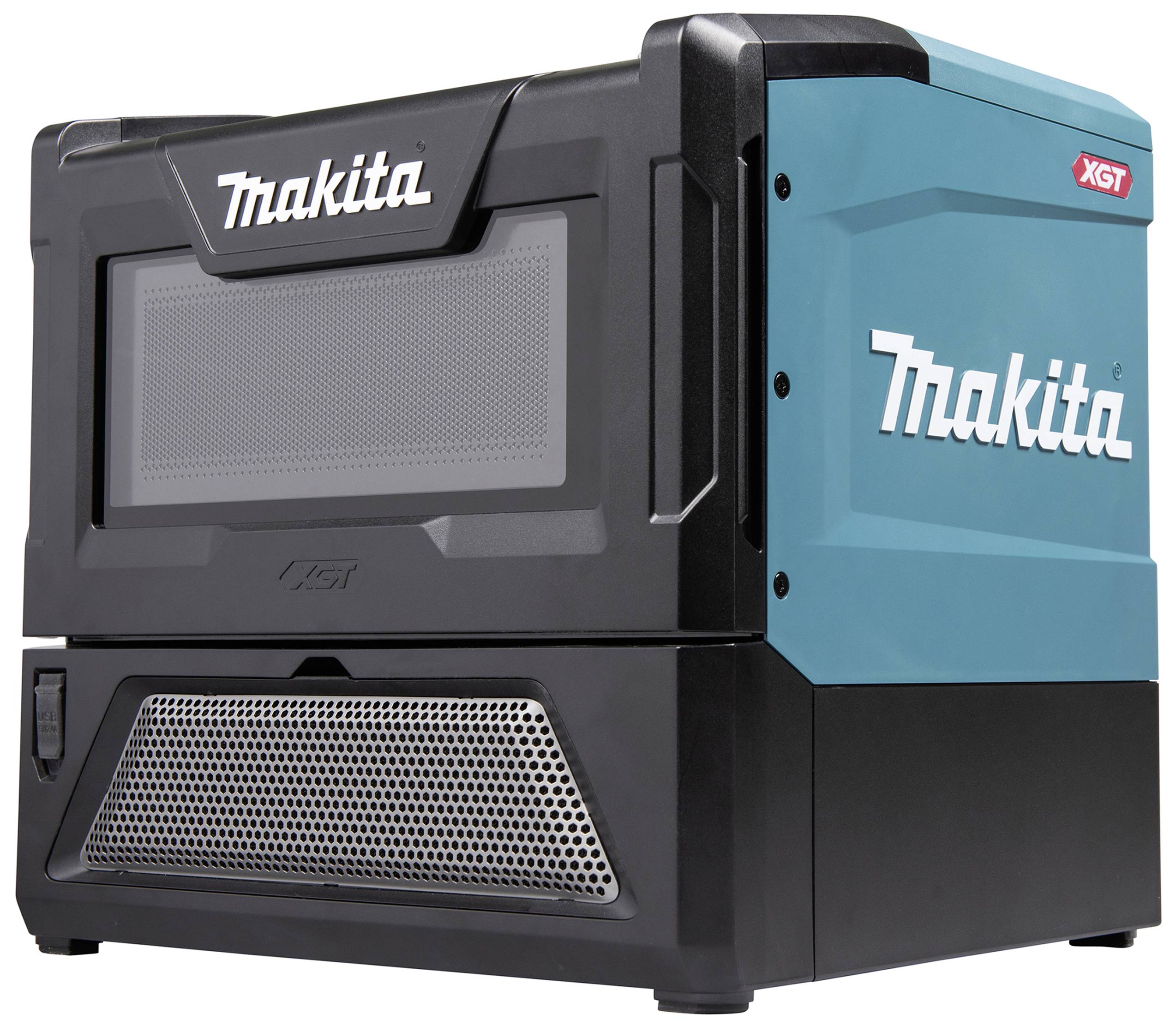 Tragbarer Ofen von Makita auf einem Tisch, mit robustem Design in Schwarz und Blau.