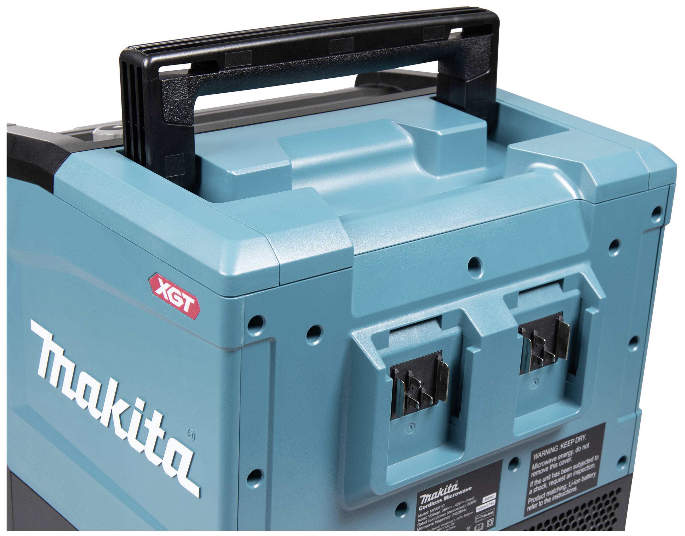 Eine blaue Makita-XGT-Maschine mit schwarzem Griff und Anschlüssen an der Vorderseite, geeignet für verschiedene elektrische Werkzeuge.