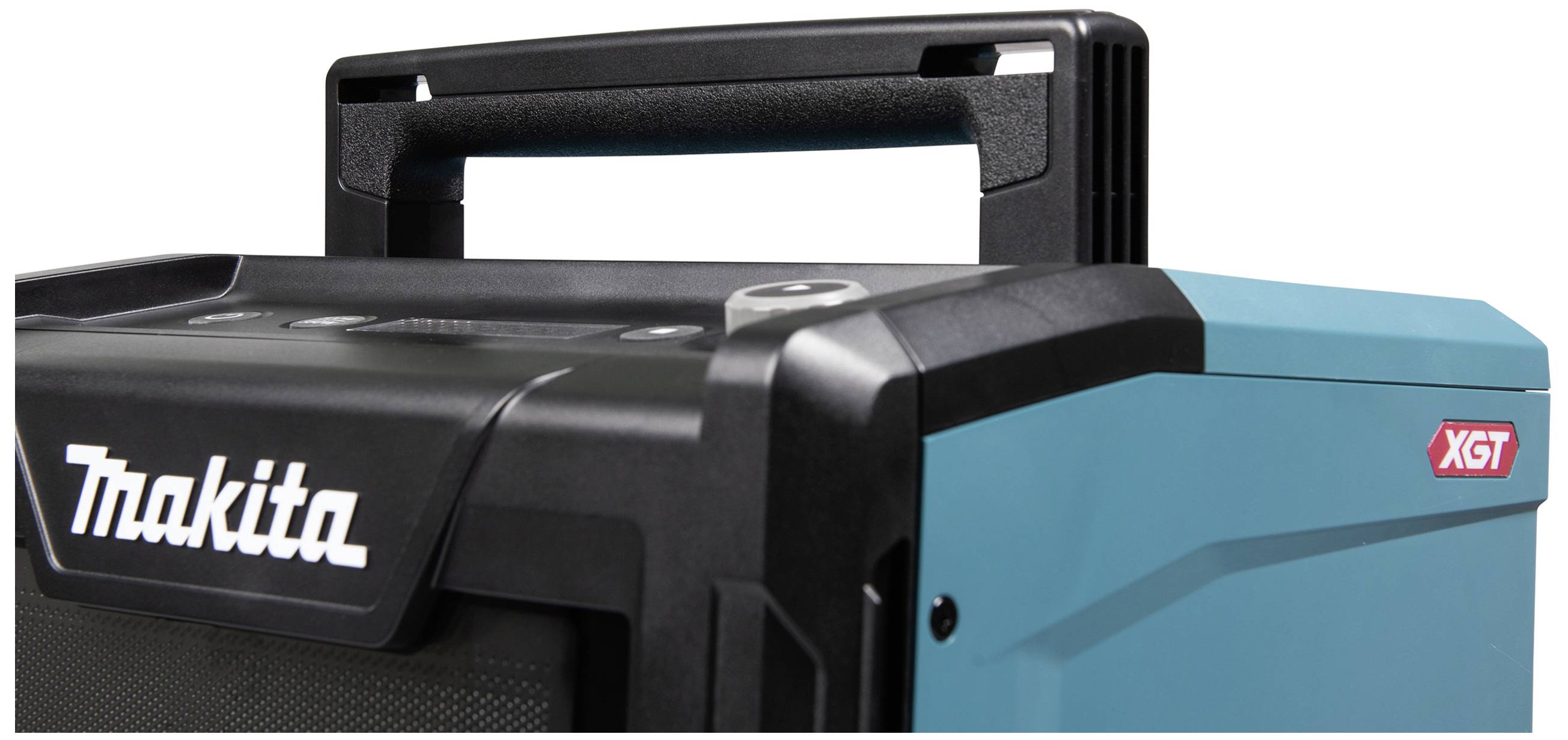 Tragbarer, robuster Makita XGT-Radio-Lautsprecher mit blauem Gehäuse und schwarzem Griff, geeignet für Baustellen und Outdoor-Einsätze.
