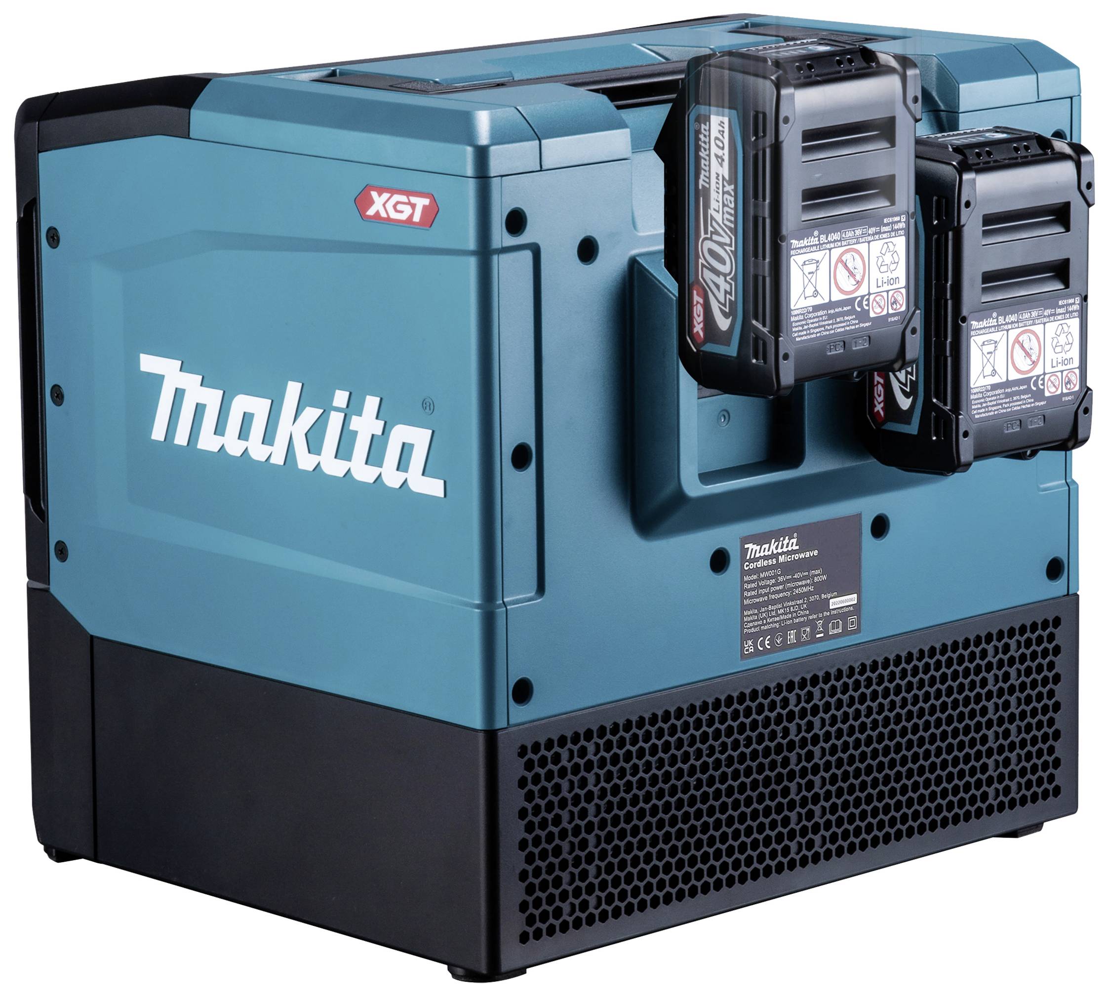 Makita XGT Akkuladegerät mit zwei aufgesetzten Akkus, geeignet für Hochleistungs-Werkzeuge.