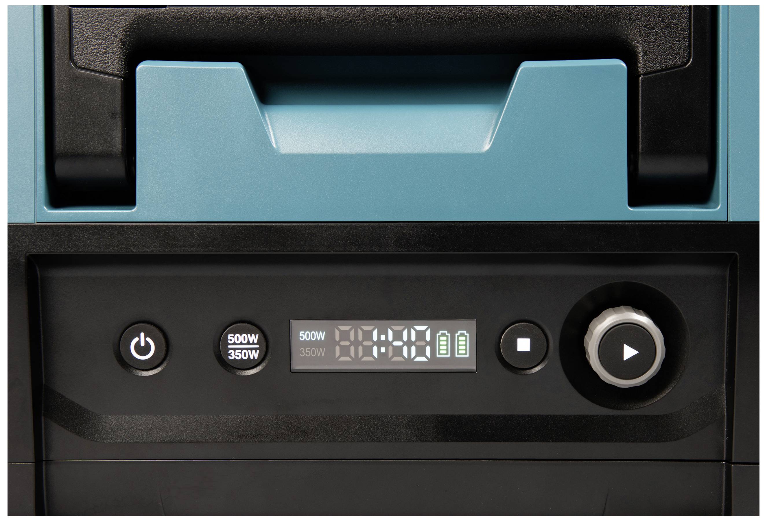 Ein Bedienfeld eines Geräts mit Display zeigt '00:39' an. Tasten für Leistungseinstellungen (350W, 500W) und Ein/Aus-Schalter sind sichtbar.