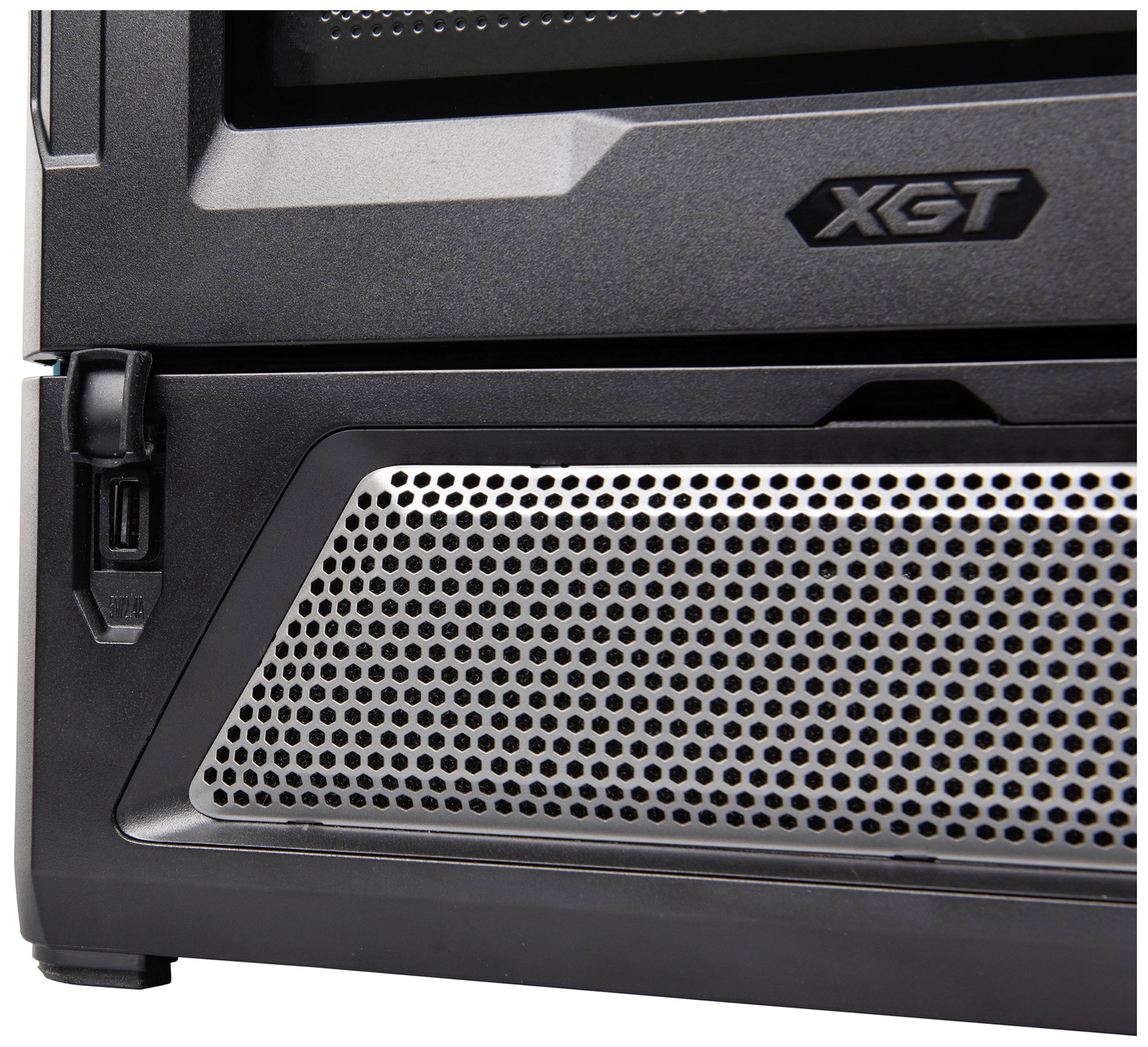 Ein Teil eines technischen Geräts mit Logo 'XGT', Luftschlitze und einem kleinen Schalter links.