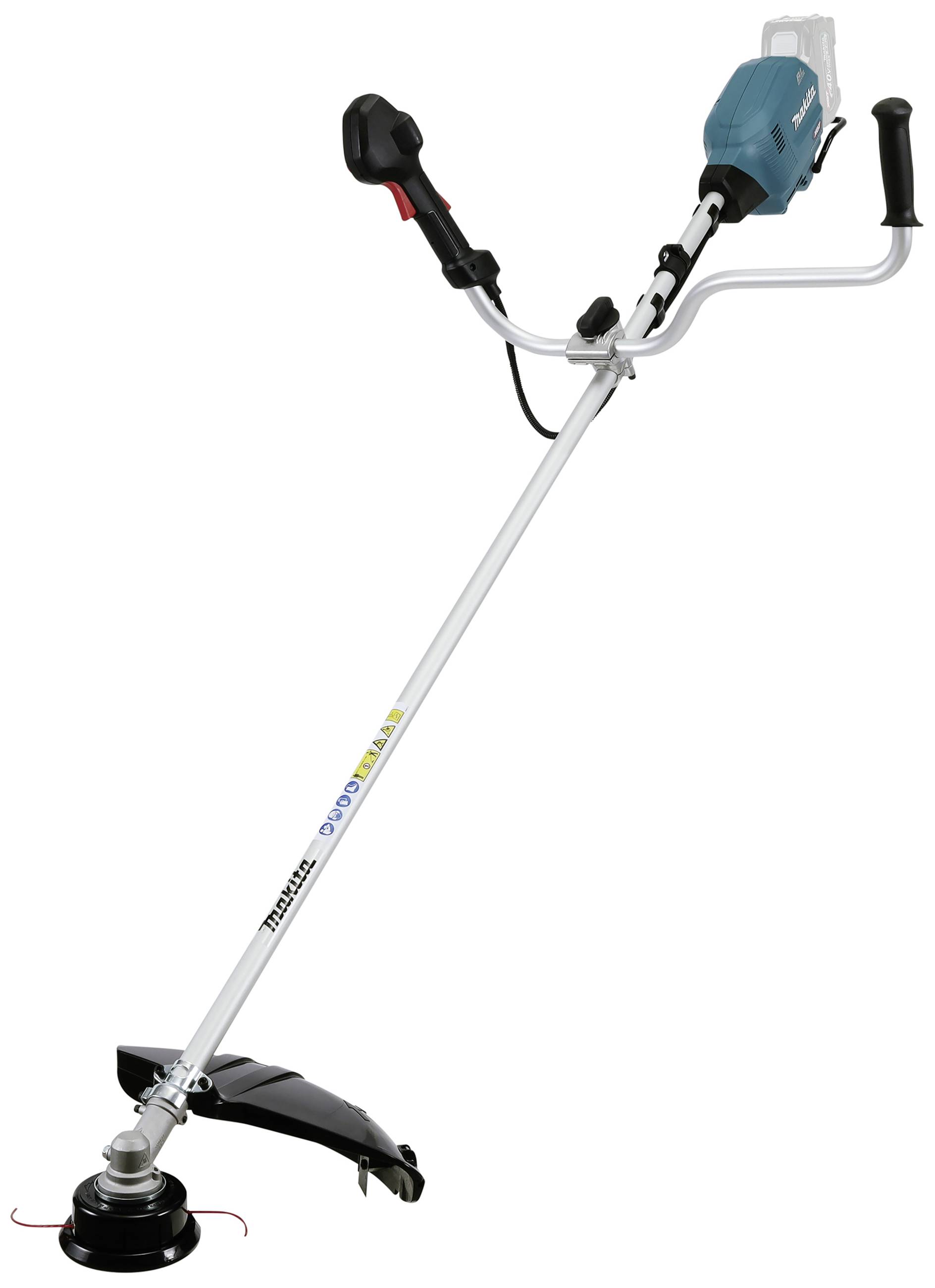 Ein elektrischer Rasentrimmer mit langem Griff, Doppelfadenkopf und Schutzabdeckung zur Pflege von Rasenflächen.