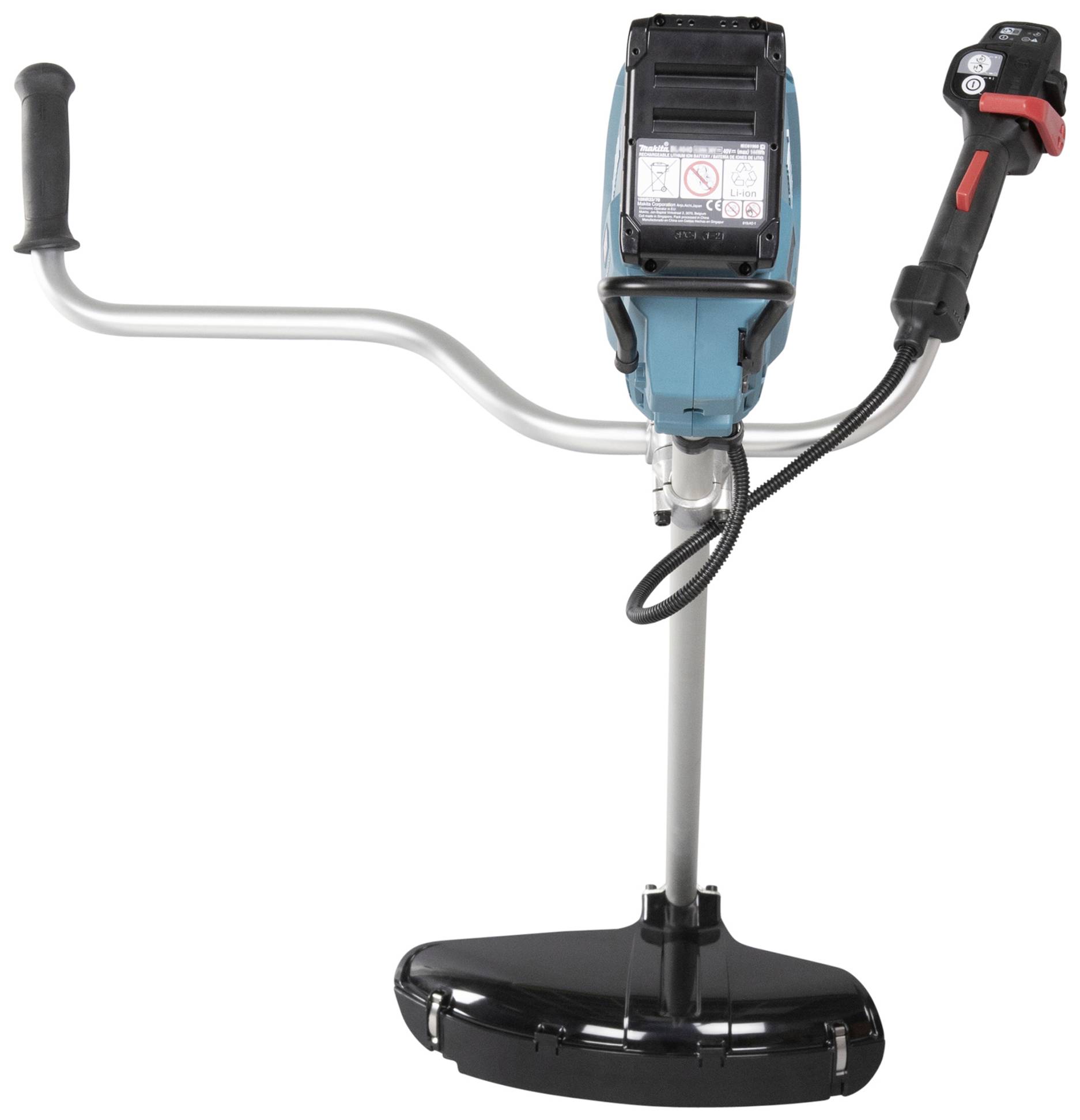 Eine blaue Motorsense mit einem schwarzen Schneidkopf und einem ergonomischen Griff, geeignet für Rasenschnitt und Gartenpflege.