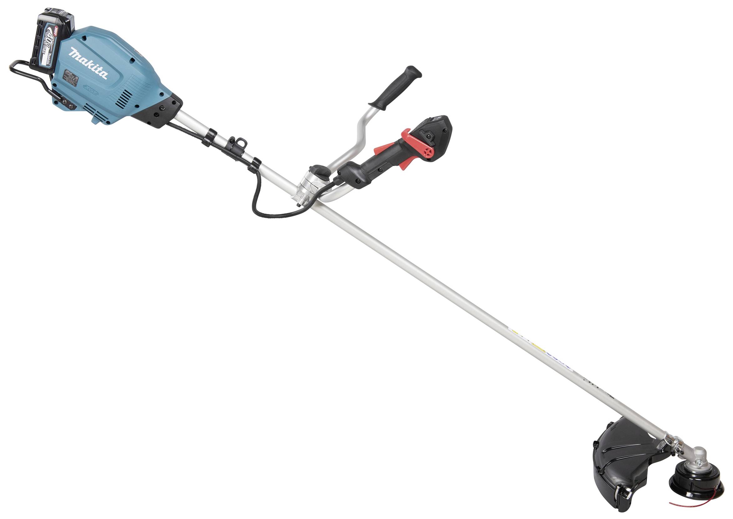Eine elektrische Motorsense mit blauem Gehäuse und schwarzem Griff. Geeignet zum Trimmen von Gras oder Unkraut in Gärten oder Höfen.