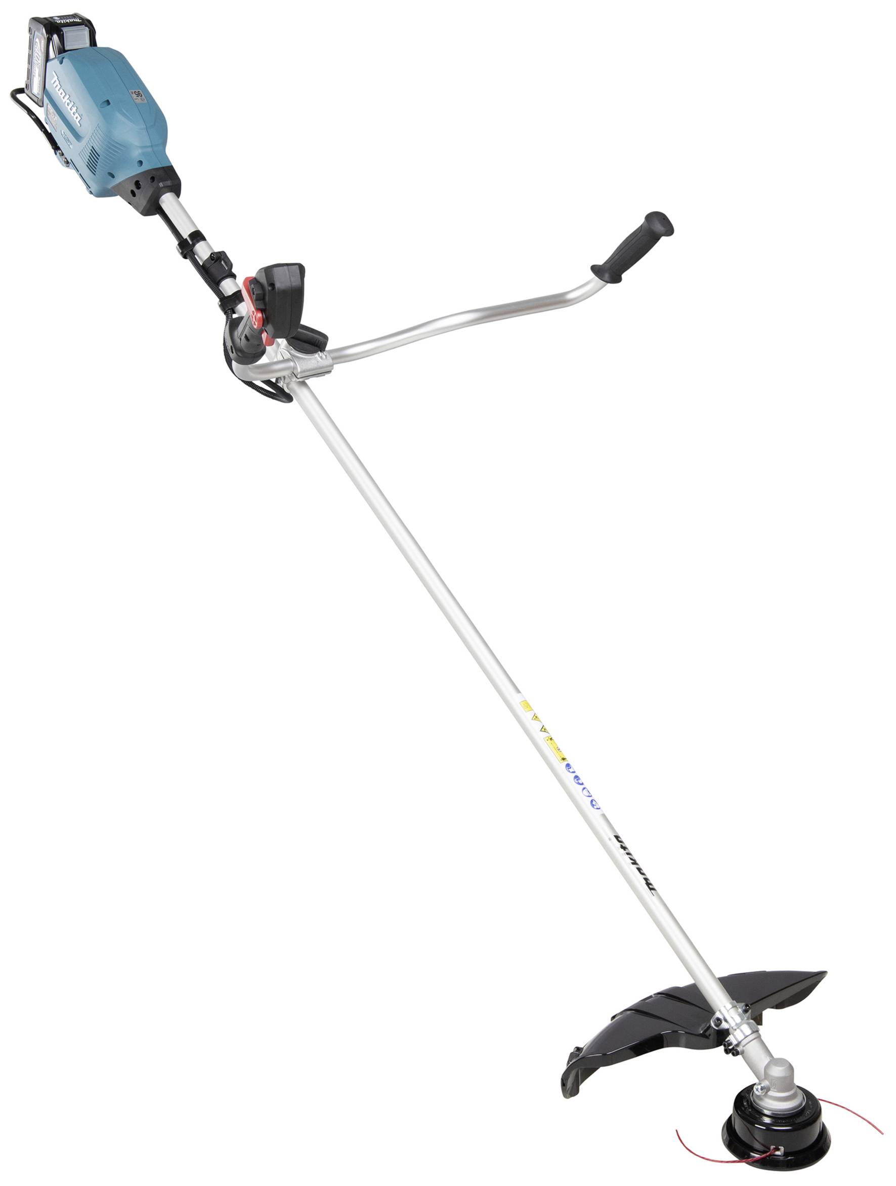 Akku-Rasentrimmer mit Metallgriff, ergonomischem Griff und austauschbarem Schneidekopf, geeignet für präzises Trimmen im Garten.