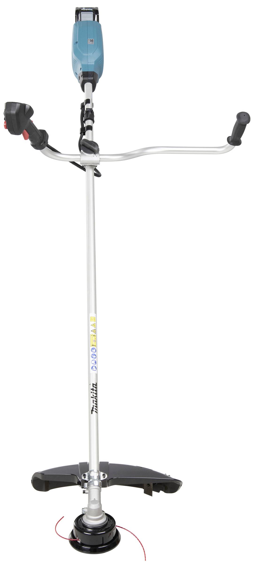 Elektrischer Freischneider mit U-förmigem Griff, blauem Motorblock oben und schwarzem Schneidkopf unten. Geeignet zum Schneiden von Gras und kleinen Sträuchern.
