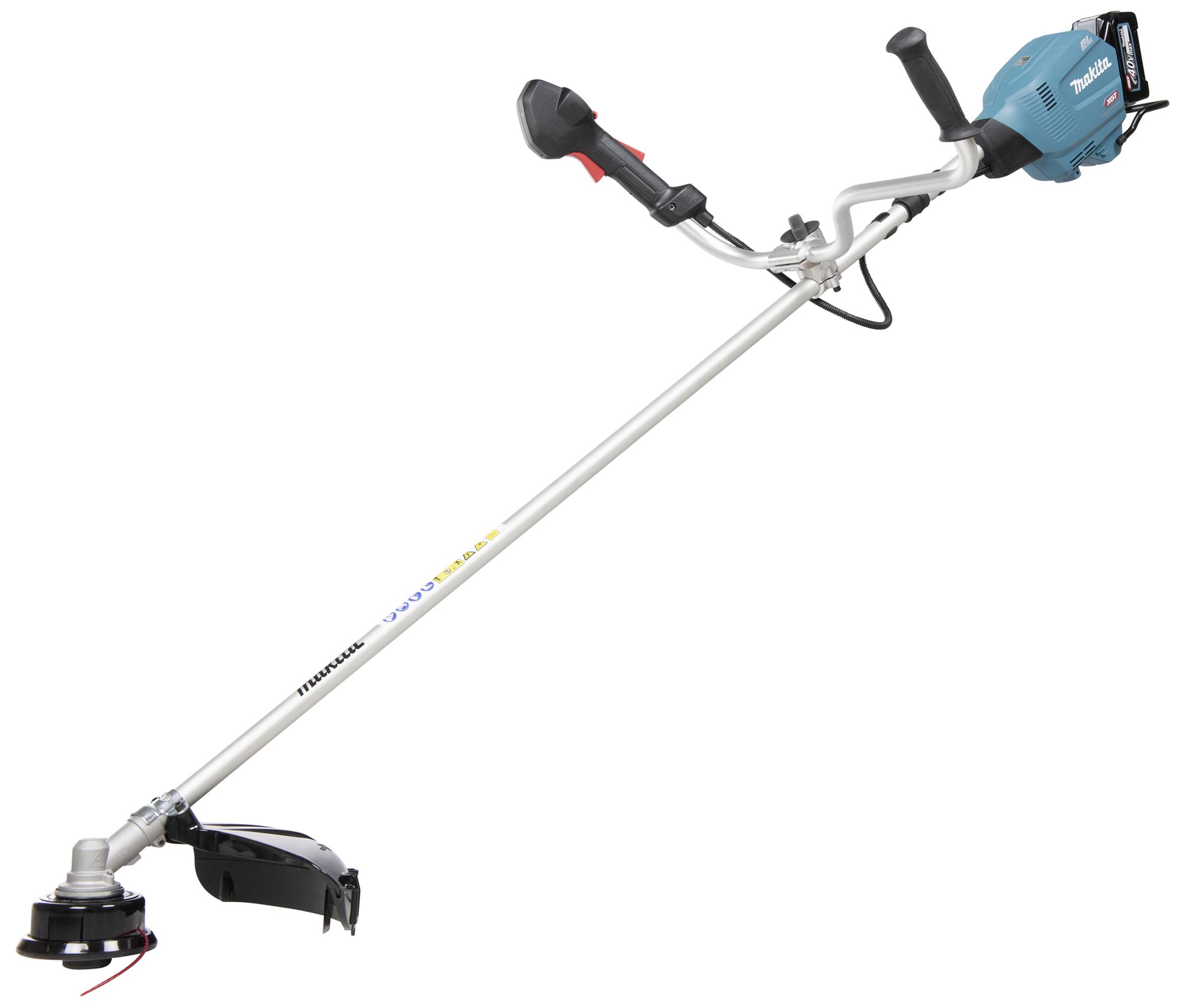 Eine elektrische Motorsense mit ergonomischem Griff, ideal zum Trimmen von Rasenflächen. Die Maschine ist in Blau und Silber gehalten.