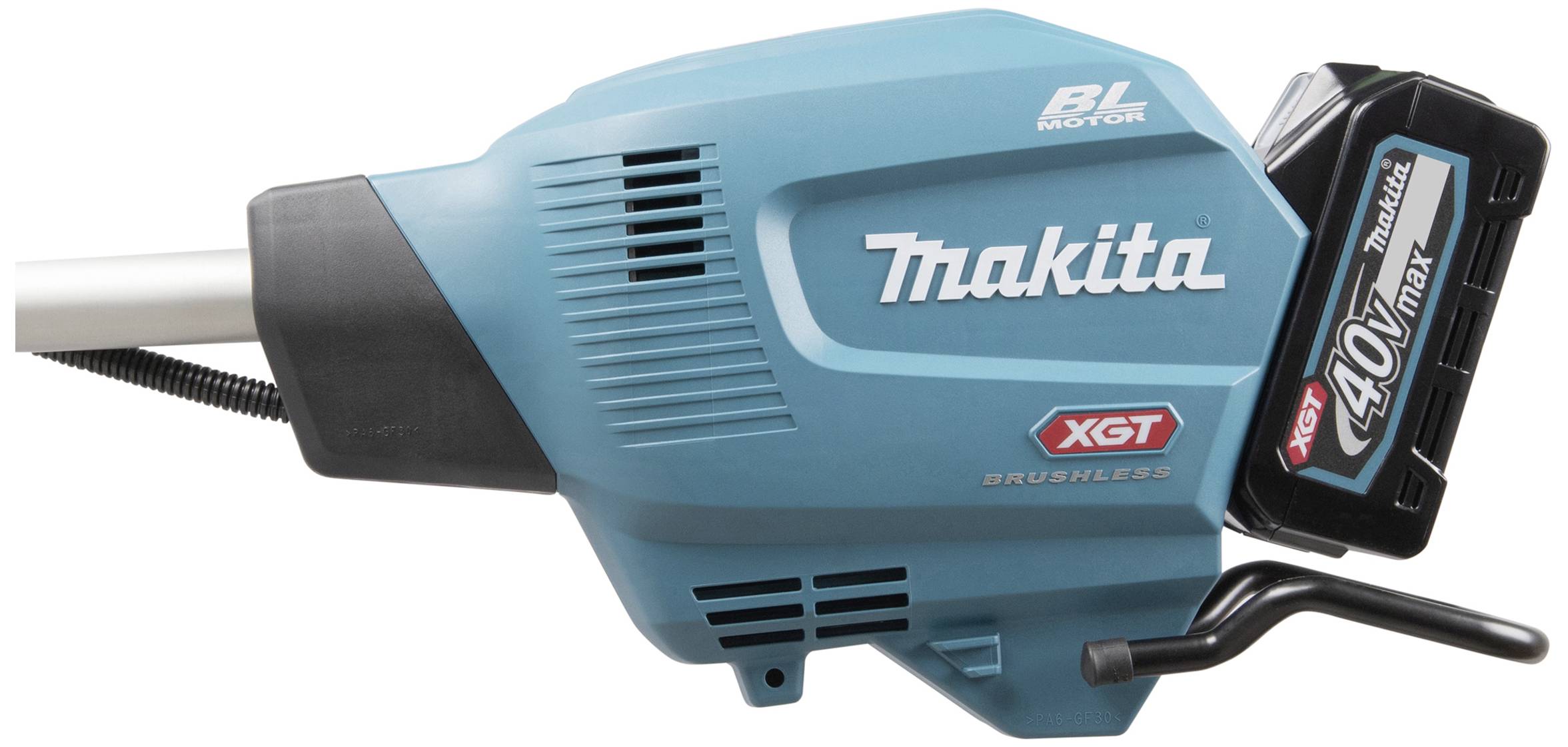 Akkubetriebener Laubbläser mit Makita-Logo, 40V Max-Akku, bürstenloser Motor und XGT-Kennzeichnung. Geeignet für Gartenarbeiten.