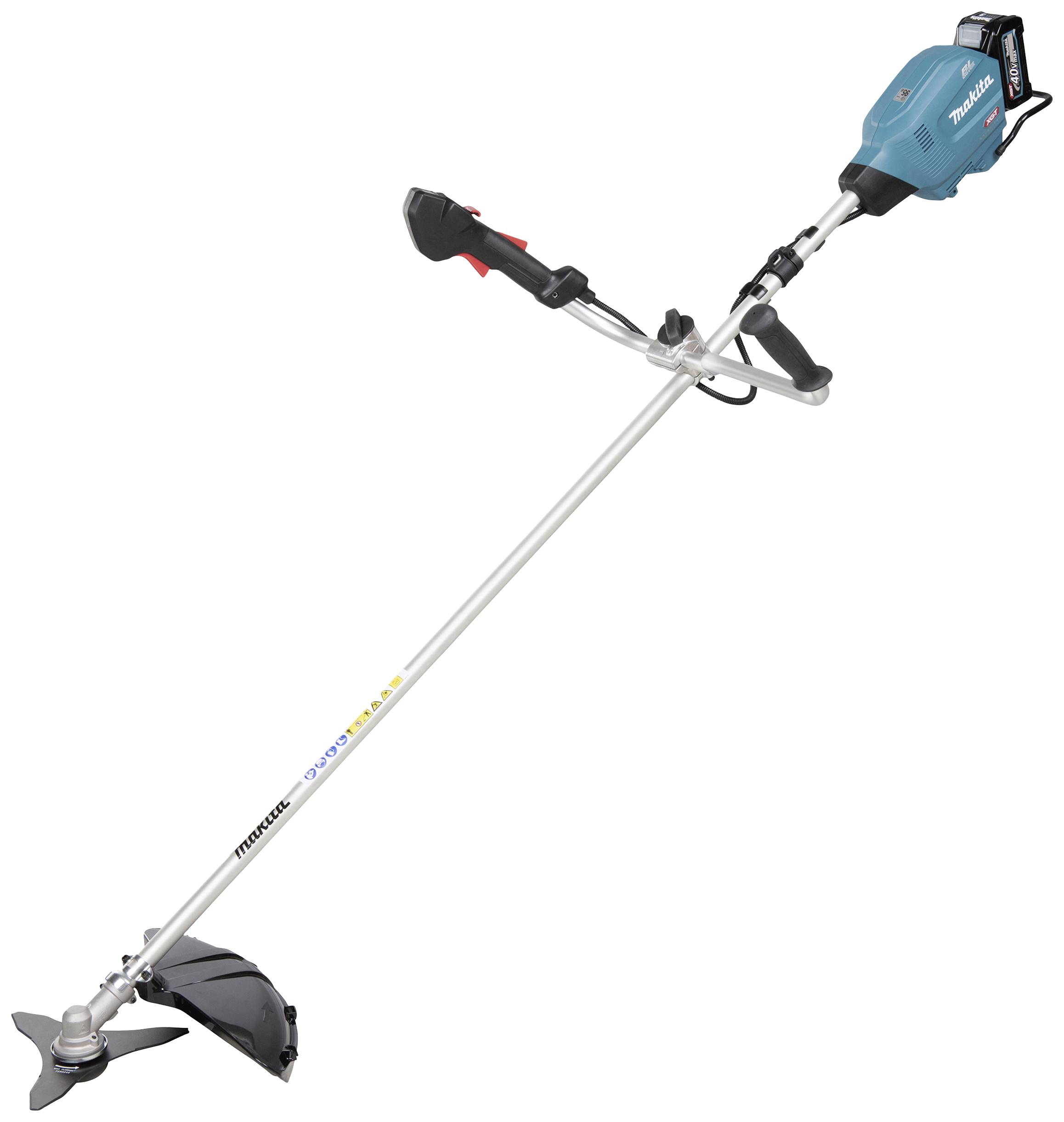 Eine blaue akkubetriebene Motorsense mit Metallschneidkopf und ergonomischem Griff zum Trimmen von Gras und Gestrüpp.