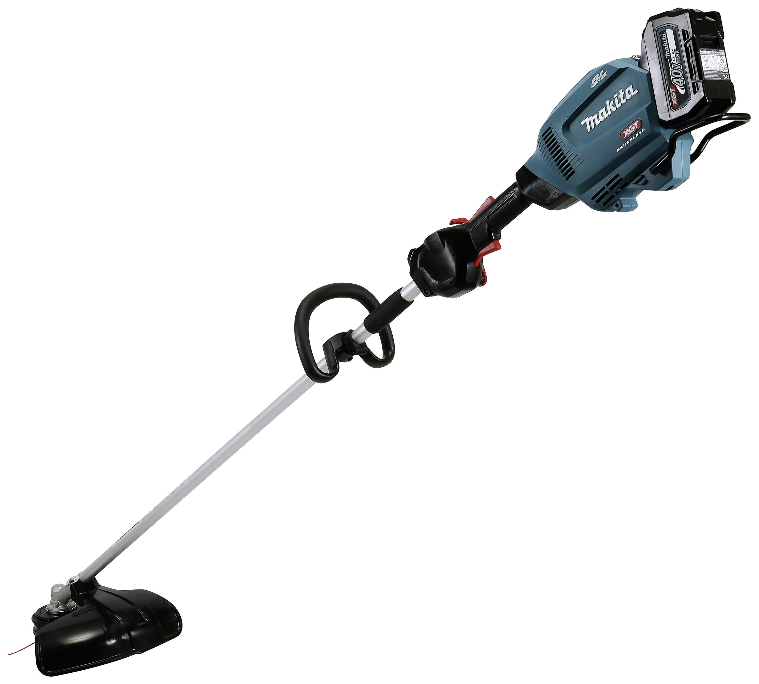 Ein kabelloser Rasentrimmer mit einem blauen Gehäuse und schwarzem Handgriff.