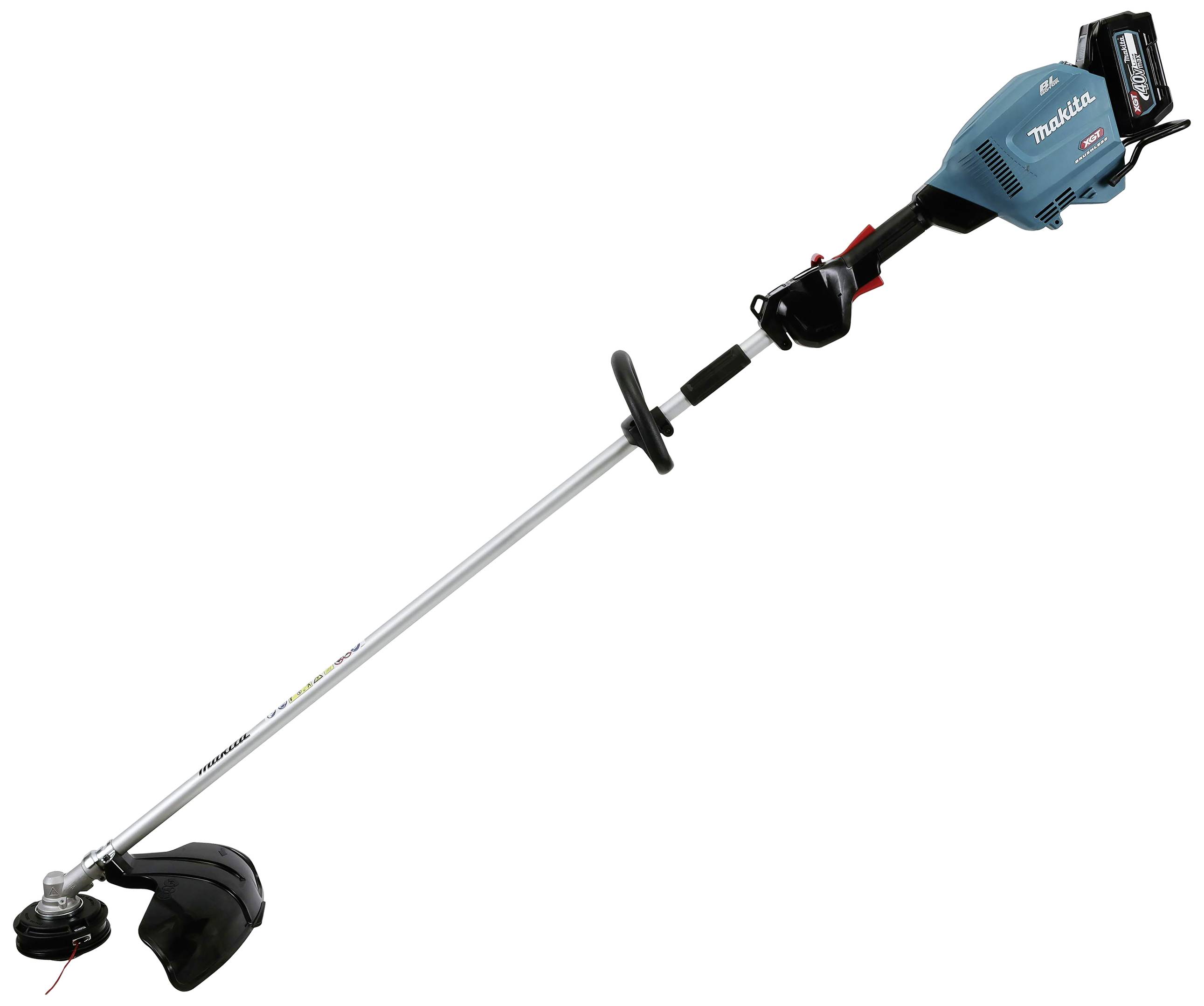 Akku-Rasentrimmer mit blauem Motorgehäuse und schwarzem Handgriff. Geeignet für das Trimmen von Gras in schwer zugänglichen Bereichen.