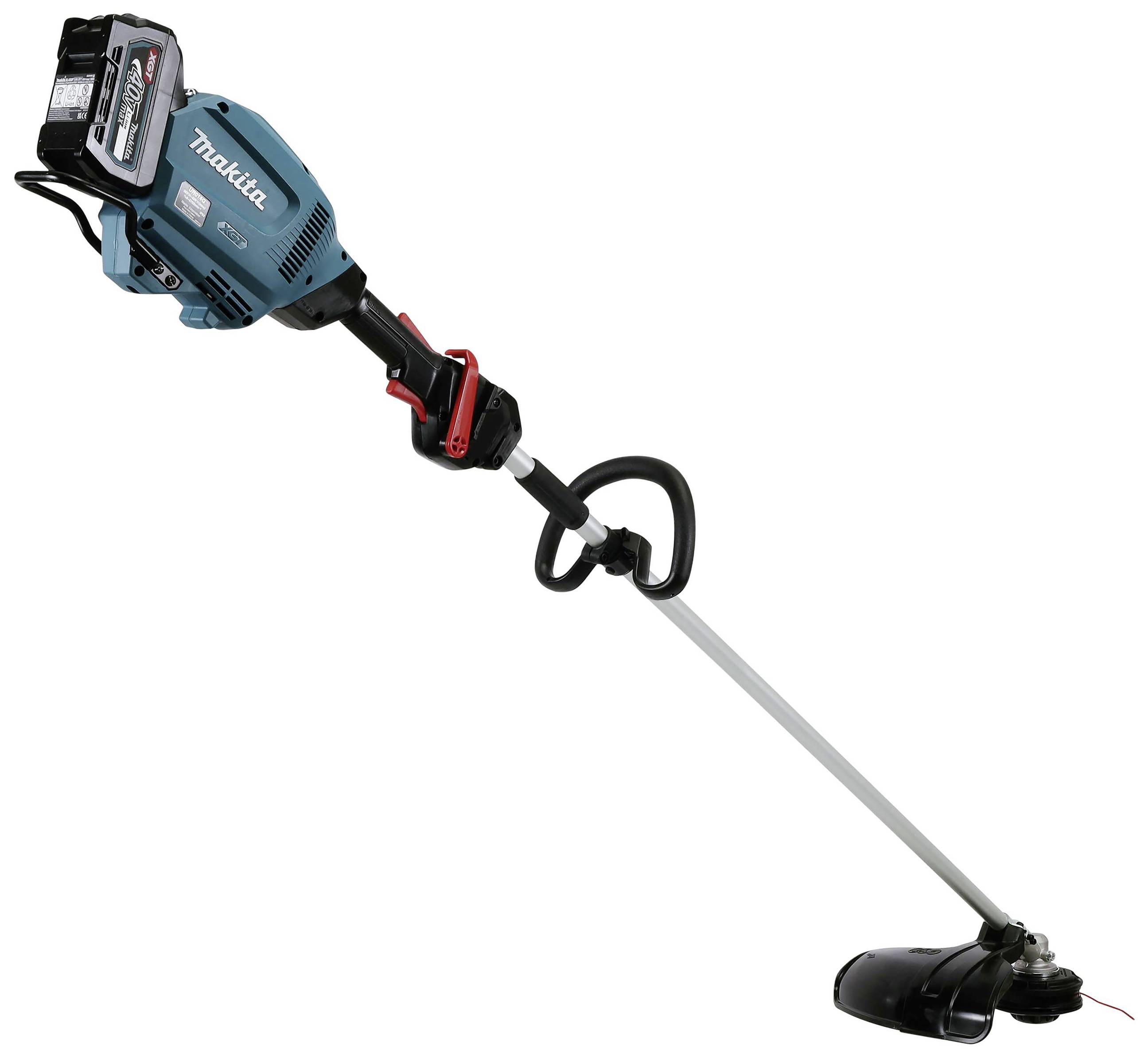 Akku-Rasentrimmer, Marke Makita, in Blau und Schwarz, mit ergonomischem Griff und Schutzschild am Schneidkopf. Geeignet für Gartenarbeiten.