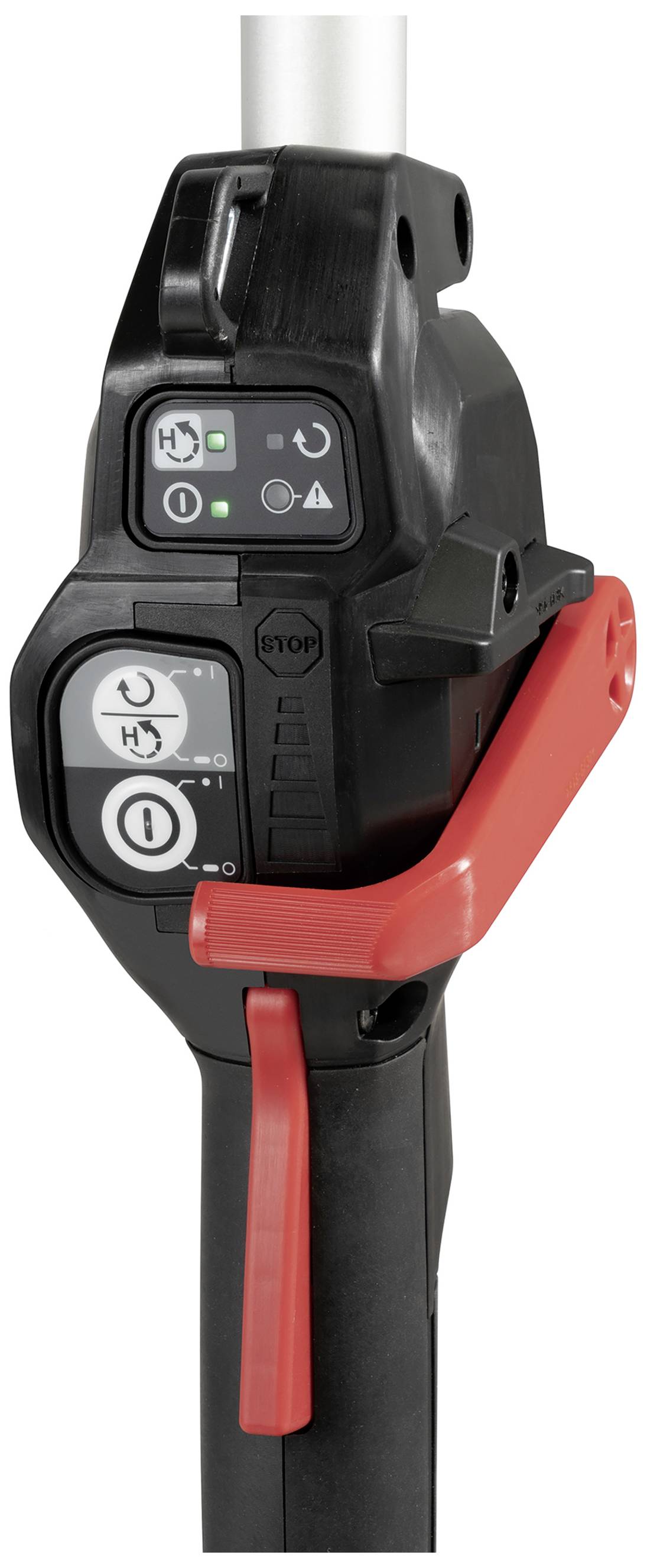 Bedienfeld eines elektrischen Geräts mit Knöpfen und Kontrollleuchten in einem rot-schwarzen Gehäuse, roter Hebel an der Seite.