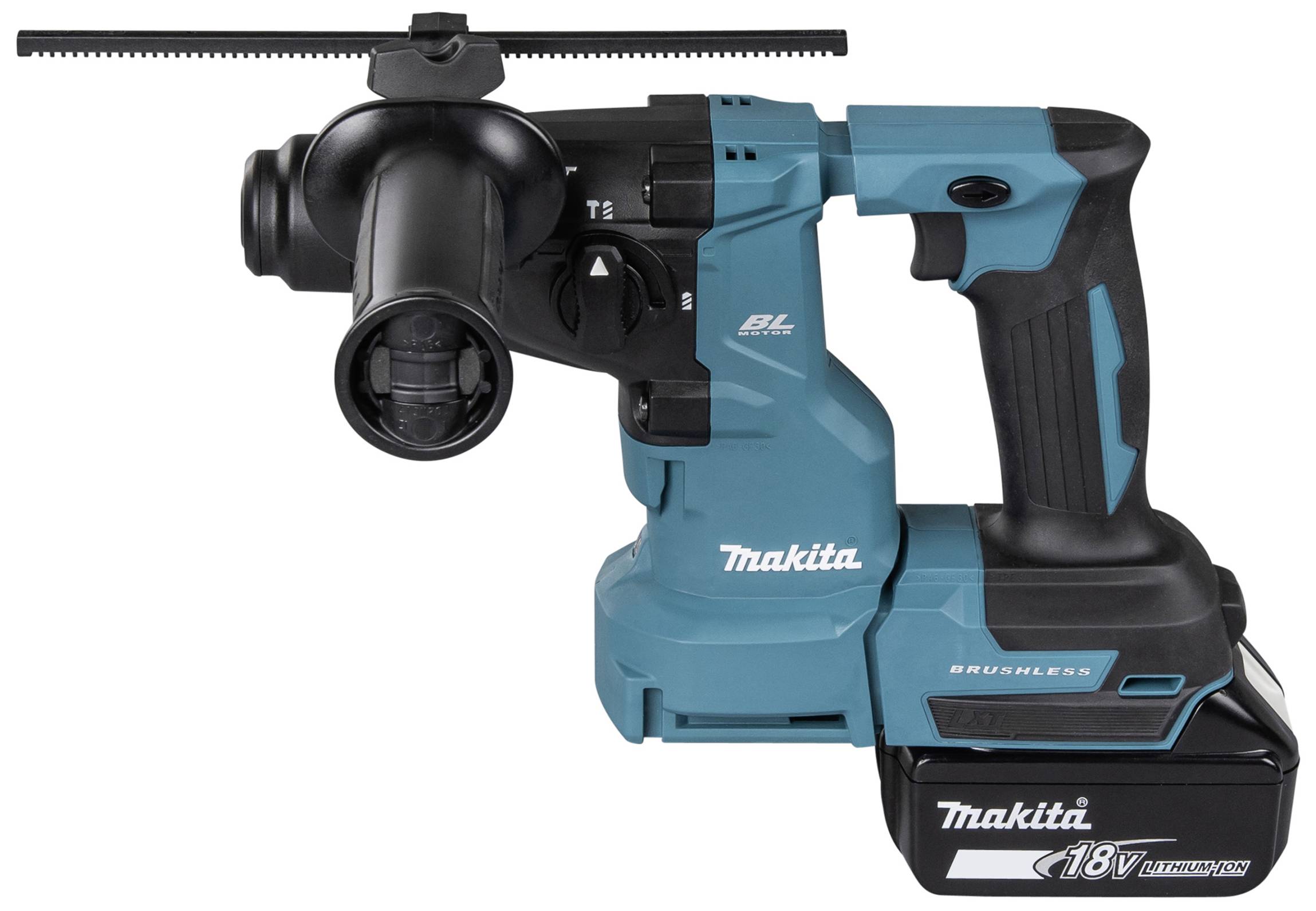 Ein kabelloser Bohrhammer in Blau und Schwarz, Modell 'Makita 18V', mit ergonomischem Griff und Akku, geeignet für Betonarbeiten.