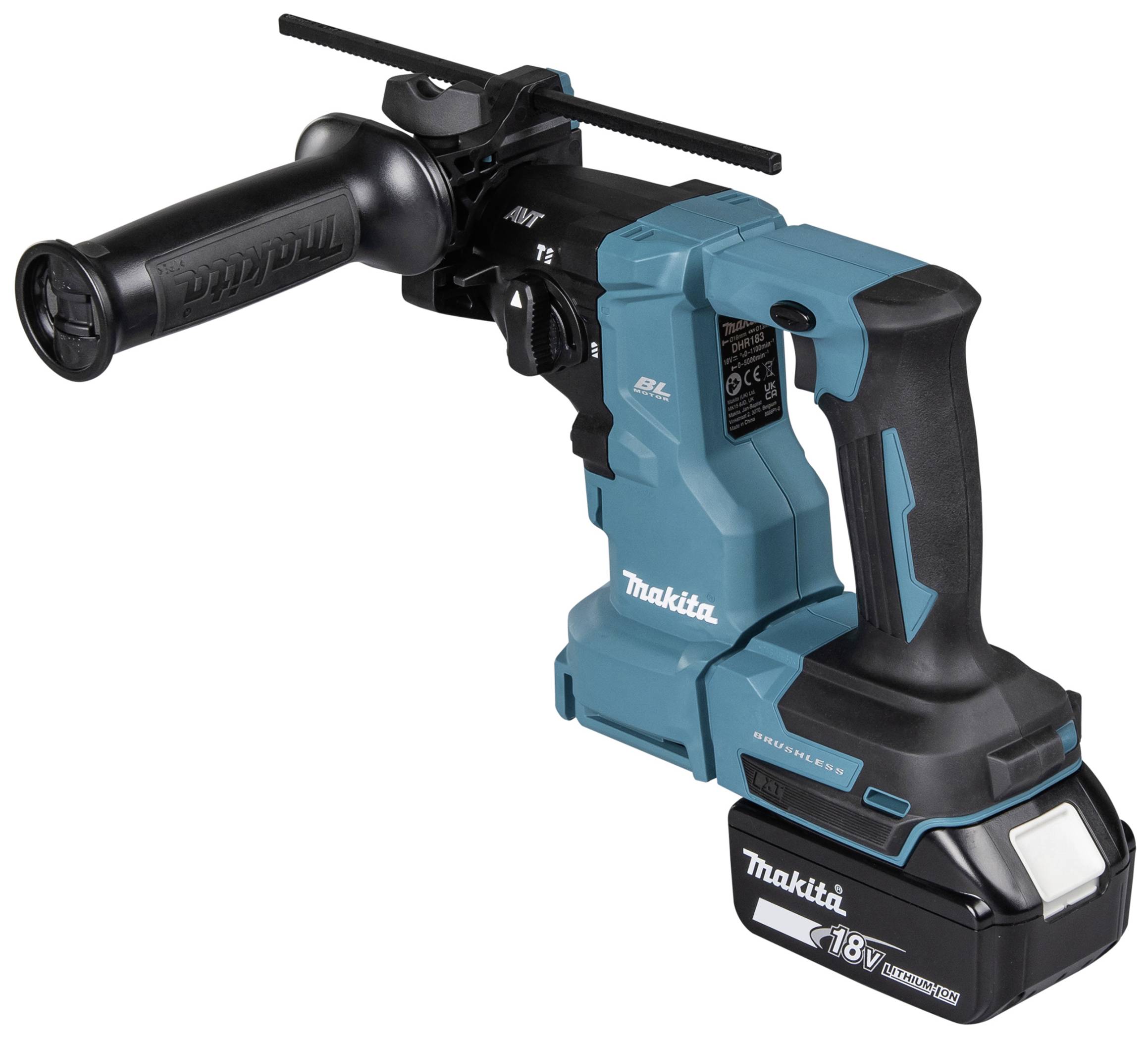 Ein kabelloser Makita-Bohrhammer mit 18V-Akku, ergonomischem Griff und Zusatzhandgriff für präzises Bohren und Meißeln.