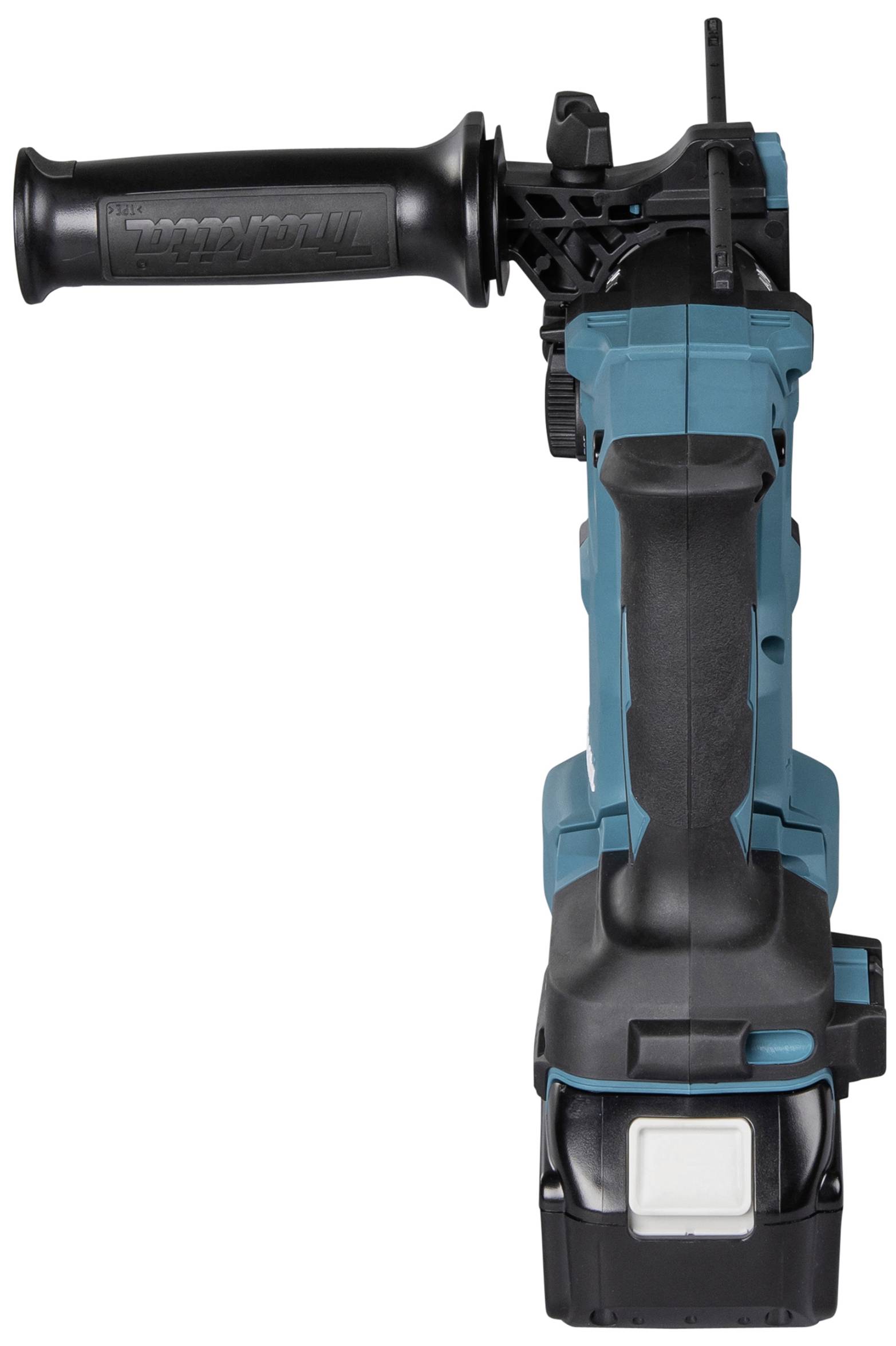 Ein blauer, kabelloser Bohrhammer mit schwarzem Griff und einem abnehmbaren Handgriff an der Seite, frontal aufgenommen.