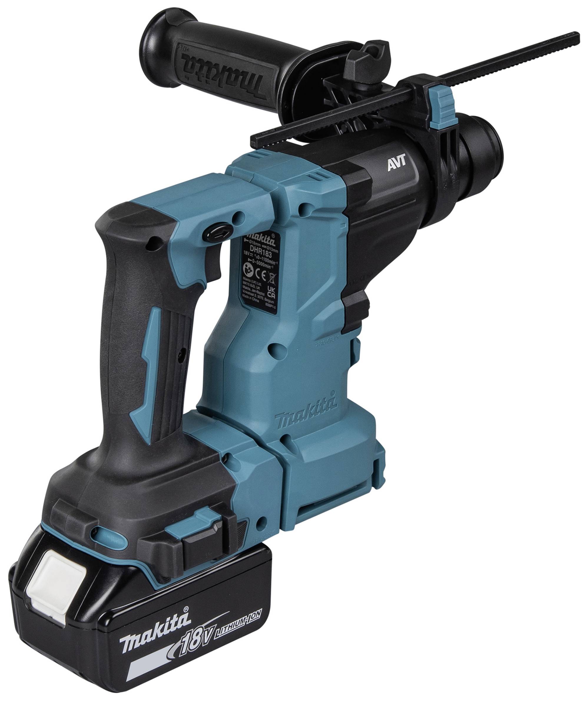 Akkubohrhammer der Marke Makita, Modell '18V' in blauer Farbe, mit ergonomischem Griff und Akku an der Unterseite.