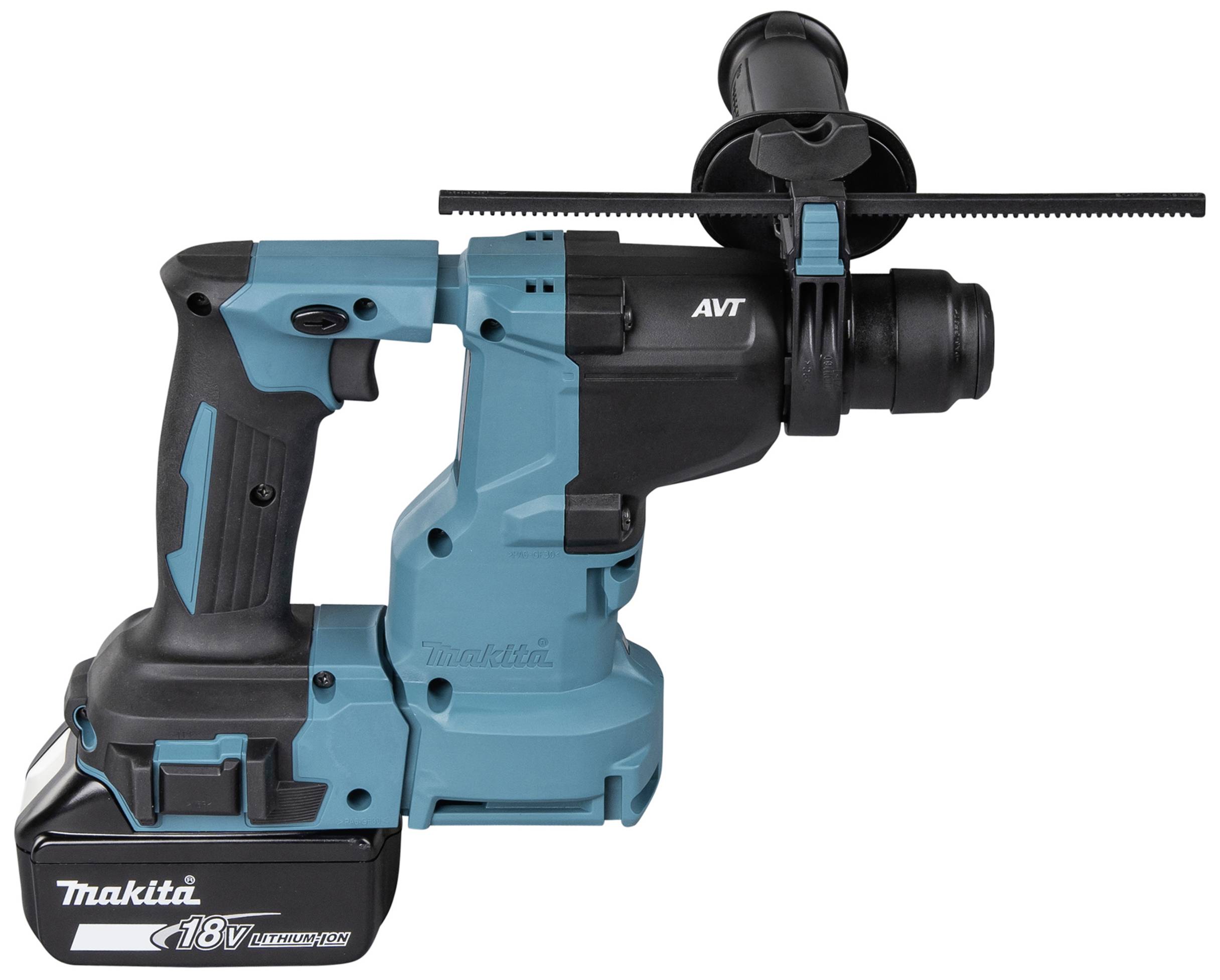 Akkubohrhammer in blau und schwarz mit Griff und 18V-Batterie, seitlicher Stützgriff und Markenlogo.