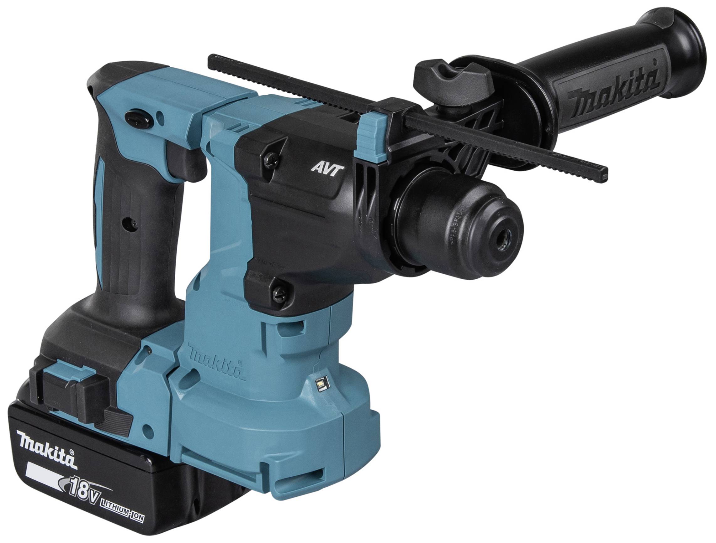 Akkuschlagbohrer in Türkis und Schwarz mit 18V-Batterie, ergonomischem Griff und integriertem AVT-System für reduzierte Vibrationen.