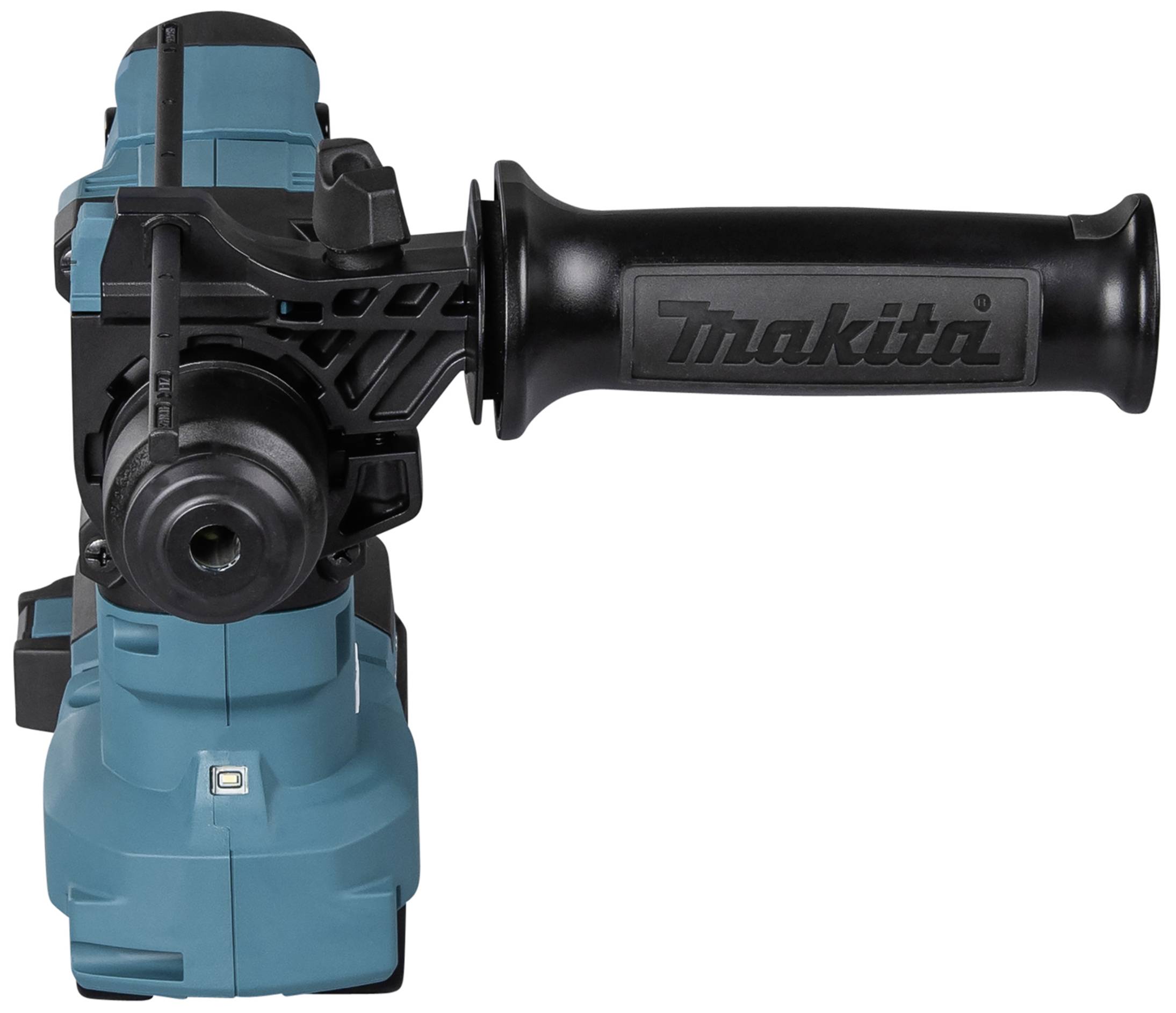 Ein blauer und schwarzer elektrischer Bohrhammer mit ergonomischem Griff, markiert mit dem Markennamen 'Makita' auf dem Griff.