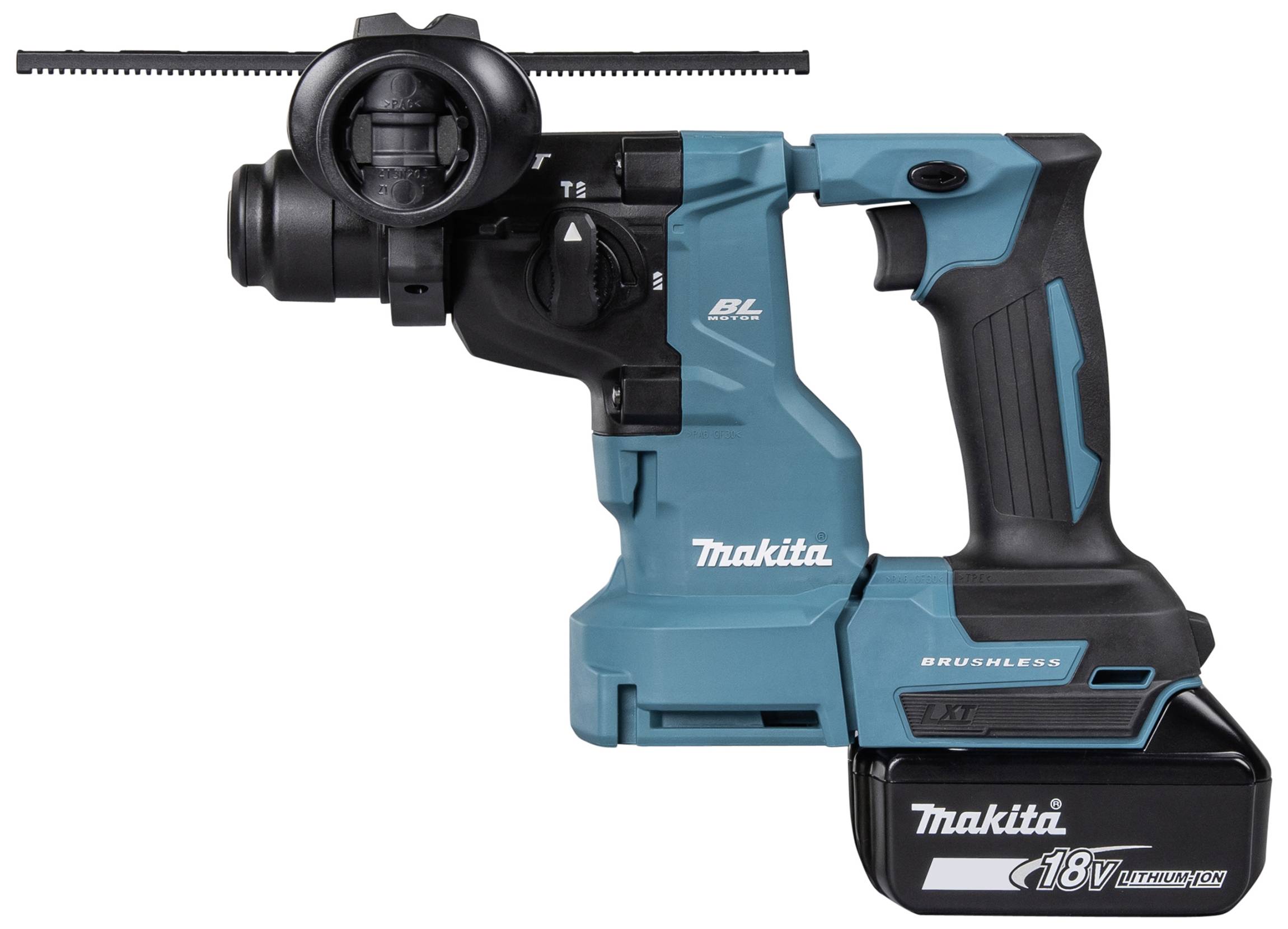 Ein kabelloser, blau-schwarzer Makita-Bohrhammer mit 18V-Lithium-Ionen-Akku, linksseitig abgebildet.