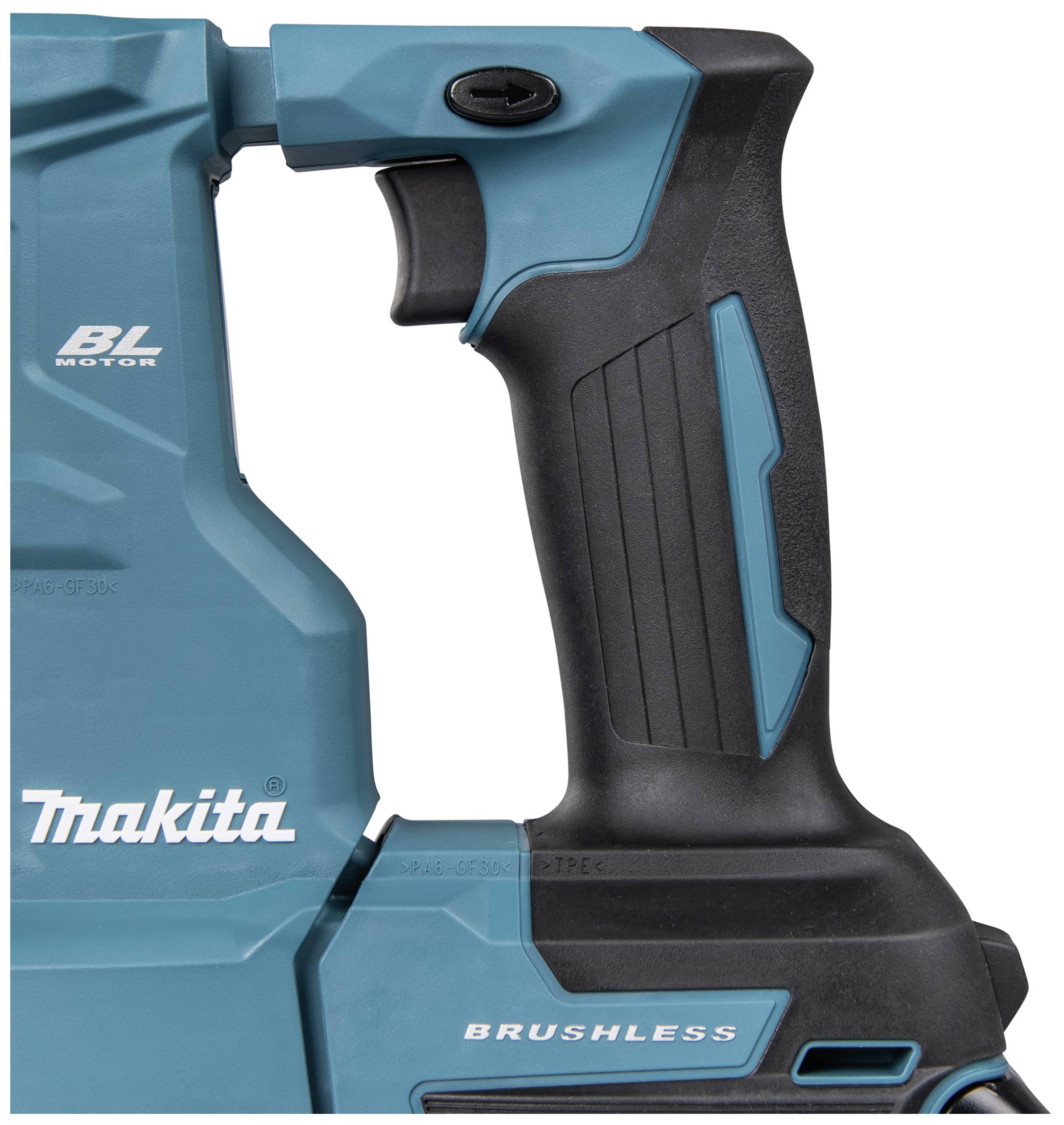 Griff eines blauen Elektrowerkzeugs mit schwarzem Gummieinsatz. Zeigt das Logo 'Makita' und den Schriftzug 'Brushless'.