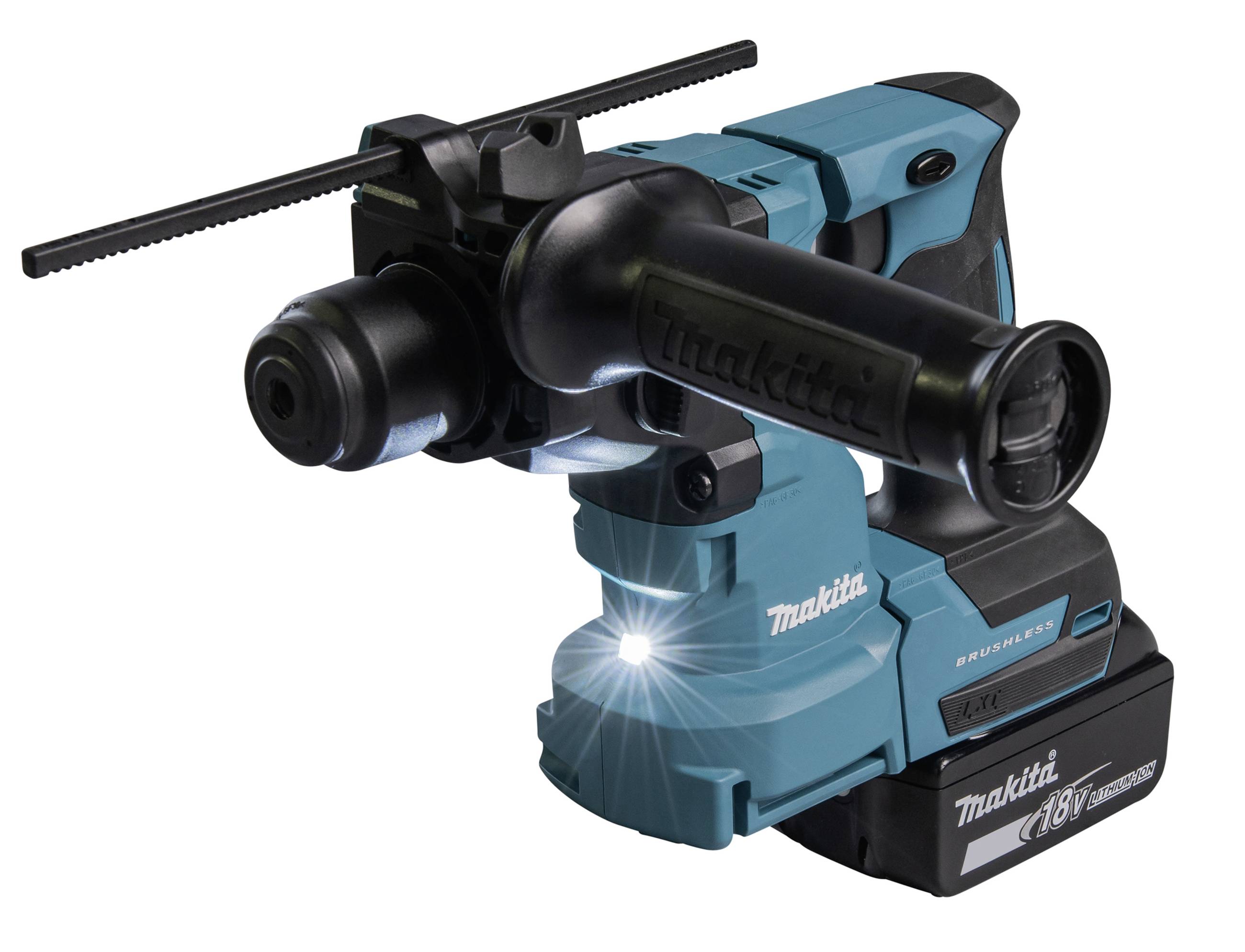 Akkubetriebener Bohrhammer mit zusätzlichem Griff, blau-schwarz, mit eingebautem LED-Licht und 18V Lithium-Ionen-Akku.