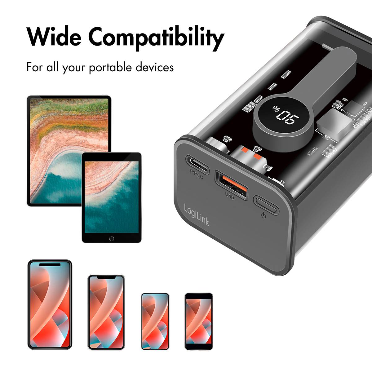 Smartphone-Ladegerät mit Uhr und mehreren Anschlüssen, das mit verschiedenen Geräten kompatibel ist. Text darüber: 'Wide Compatibility'.