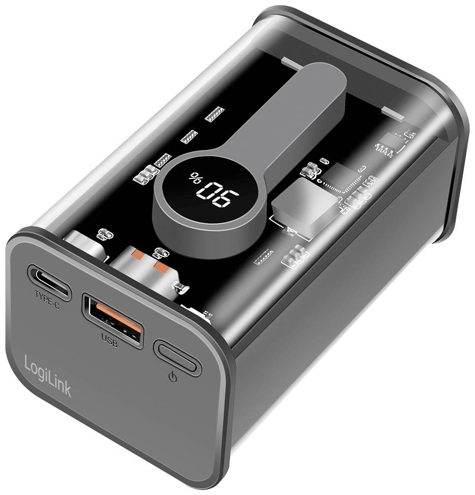 Ein kompakter, transparenter Adapter von LogiLink mit USB- und Typ-C-Anschlüssen. Eine digitale Anzeige zeigt den Ladestatus.