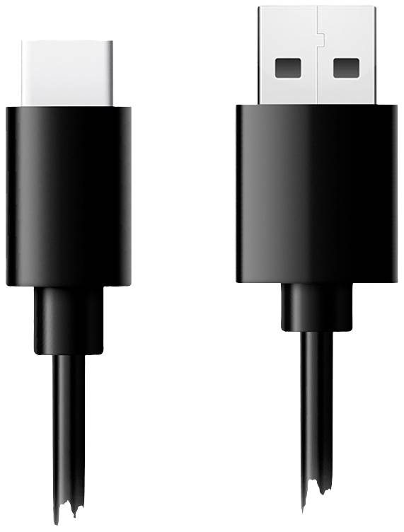 Zwei USB-Kabel: links USB-C-Stecker, rechts USB-A-Stecker. Beide Kabel sind am Ende beschädigt.