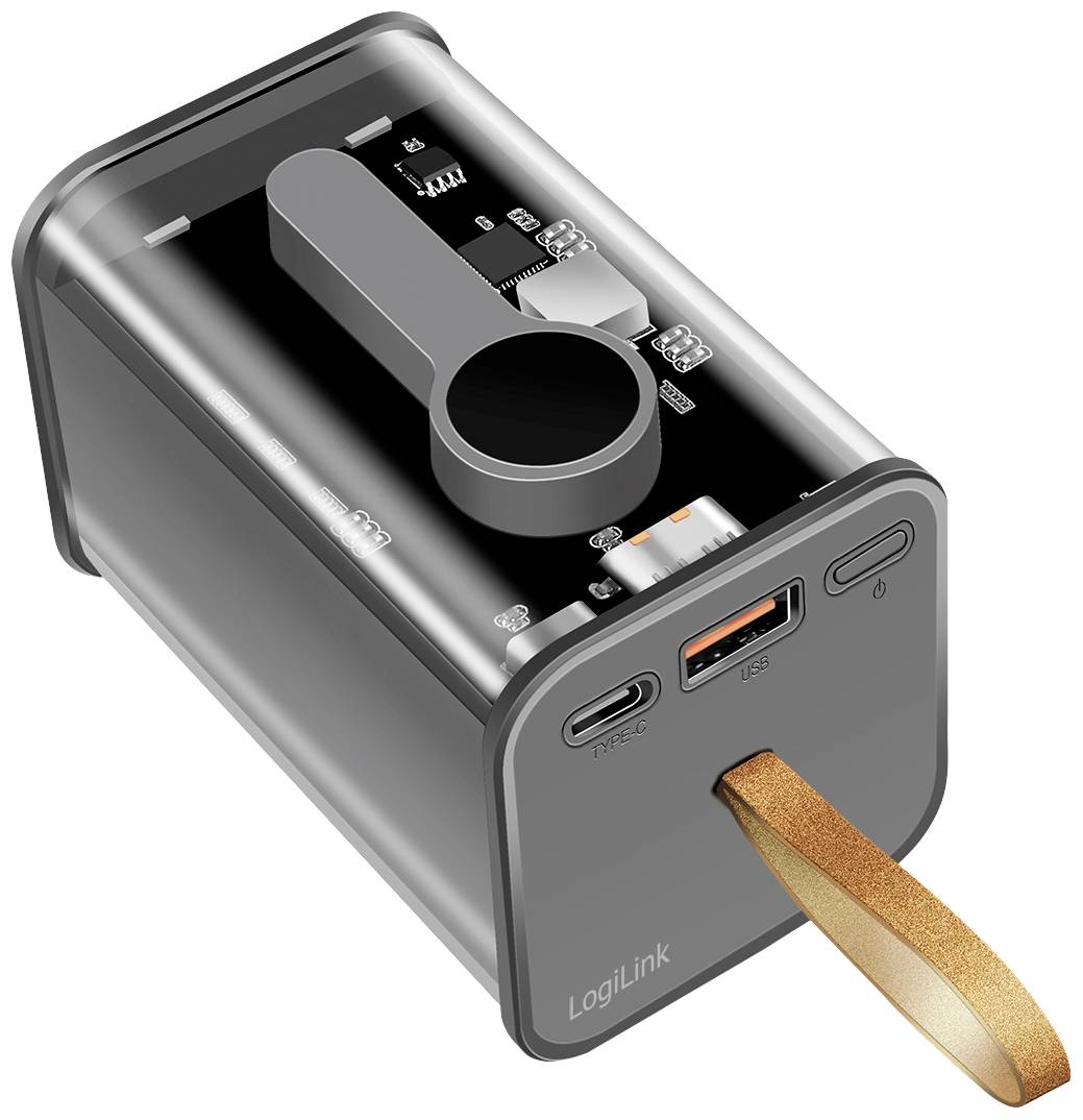 Eine tragbare, schwarze Powerbank mit einem USB-C- und einem USB-A-Anschluss. Ein Aufhängeriemen befindet sich an der Seite.