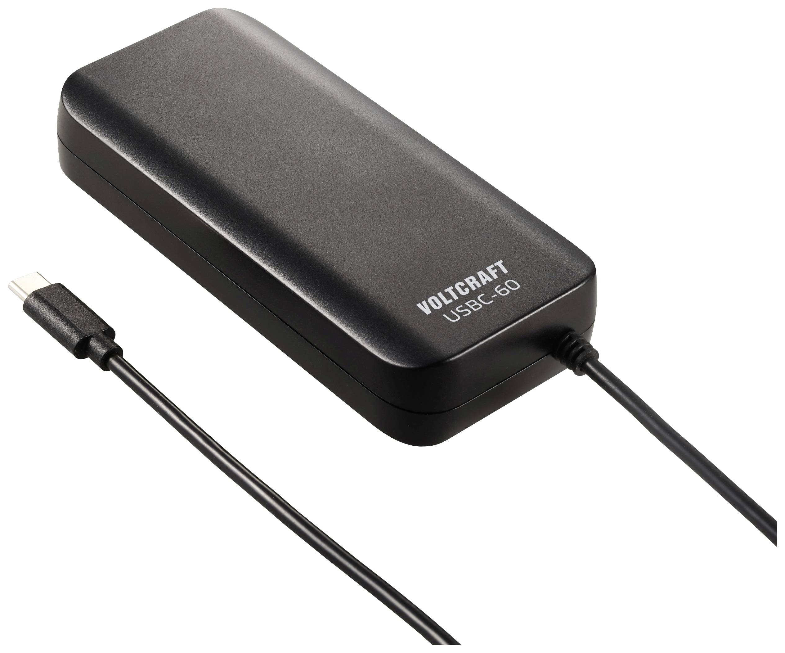 Ein schwarzes Ladegerät der Marke Voltcraft mit der Modellnummer USBC-60 und einem USB-C-Kabelanschluss an der Seite.