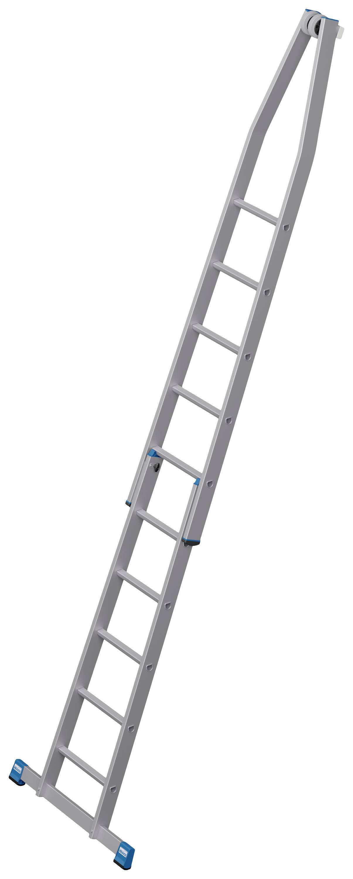 Graue Klappleiter mit zehn Sprossen, ausgeklappt zur Verwendung.