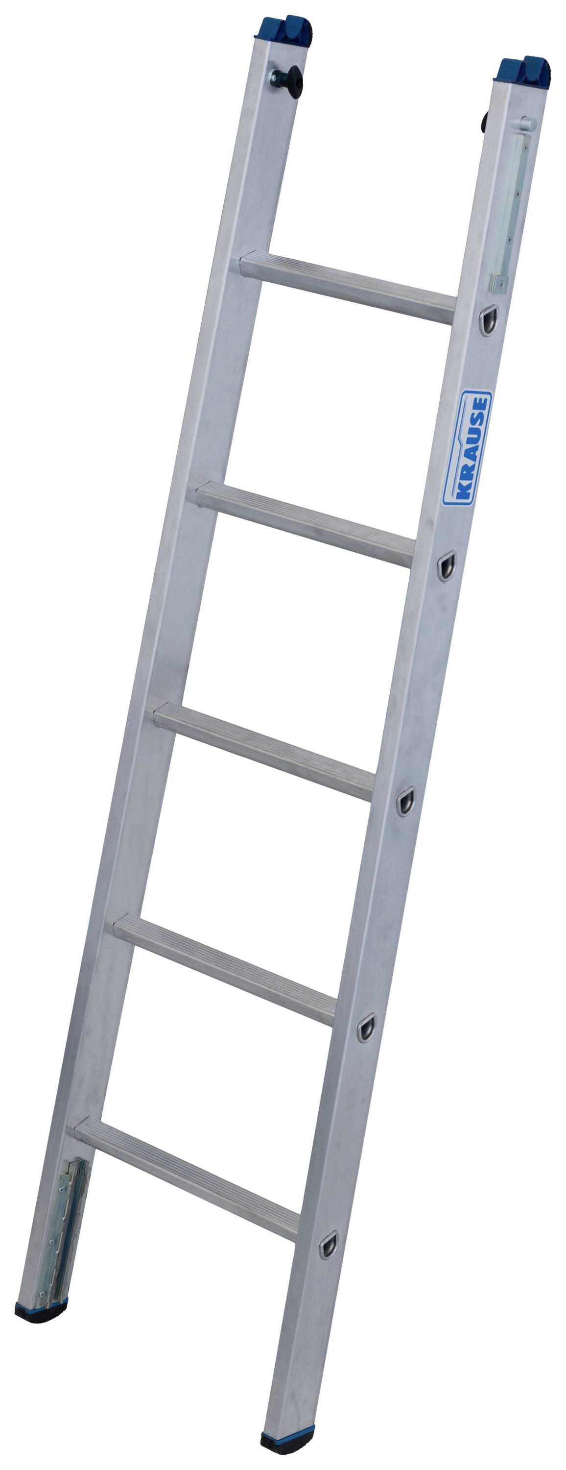 Eine silberne Aluminiumleiter mit sieben Sprossen, die schräg nach rechts lehnt. Sie hat rutschfeste Füße und ist leicht gebaut.