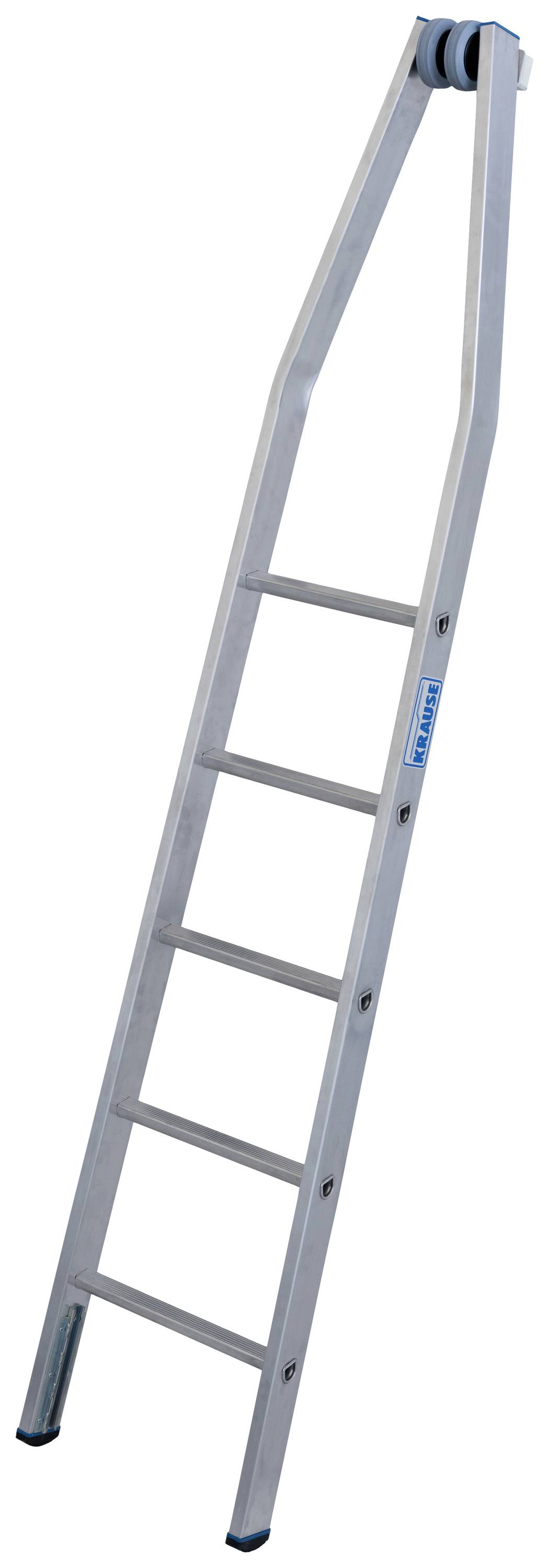 Eine silberne Anlegeleiter mit sechs Sprossen und einem Endstück mit Rollen, geeignet für Arbeiten in der Höhe.