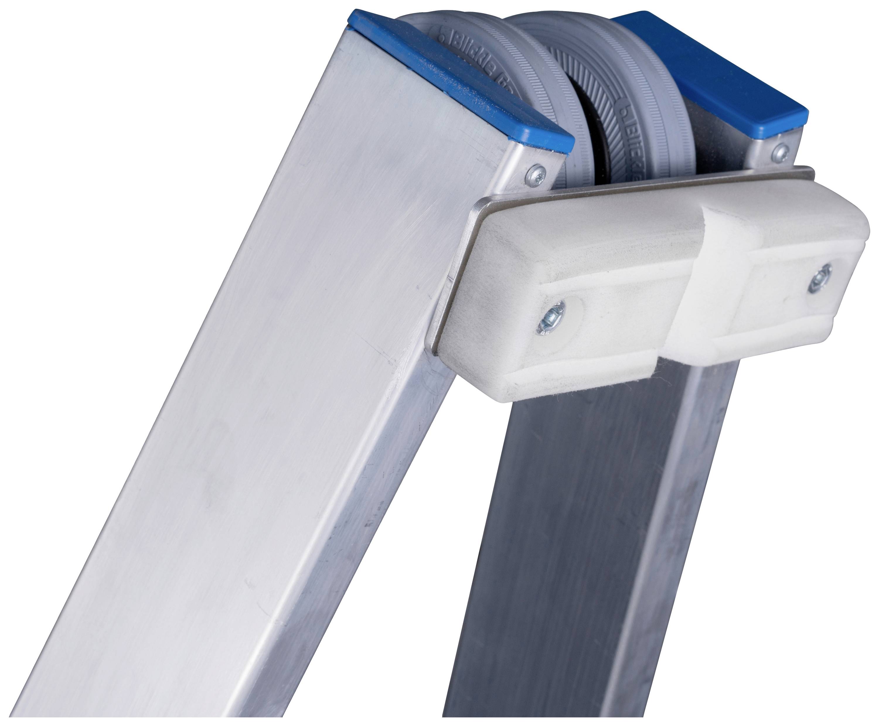 Obere Teil einer Aluminiumleiter mit blauen und weißen Kunststoffteilen.