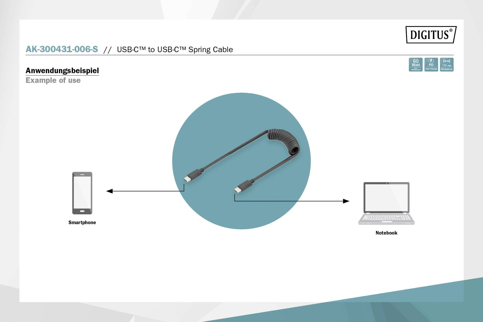 Digitus AK-300431-006-S USB-C® Adapter [1x USB-C® - 1x USB-C®] Schwarz Spiralkabel 1m