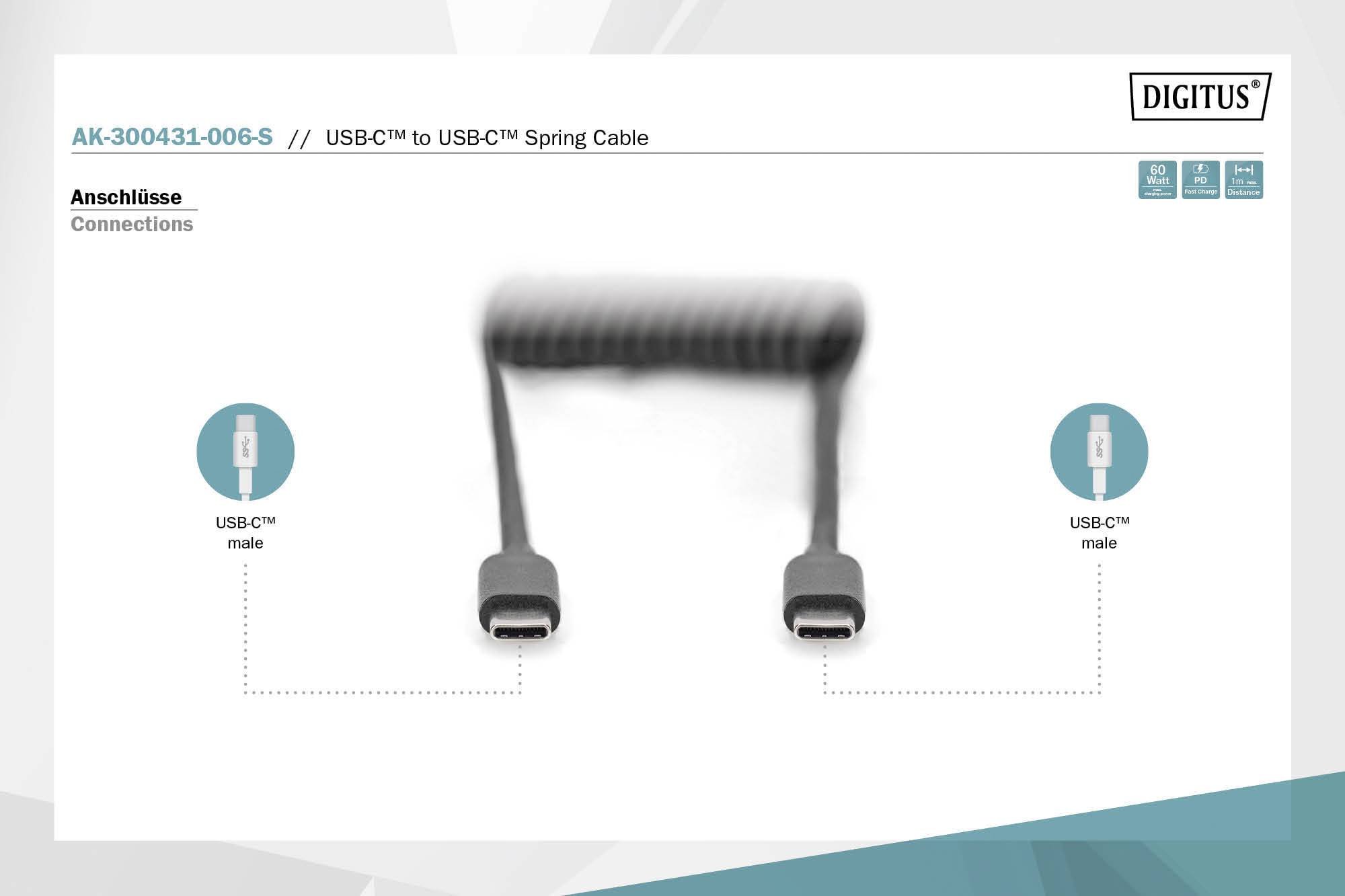 USB-C auf USB-C Federkabel, Anschlussdarstellung: Links und rechts USB-C-Steckverbinder, Spiralform in der Mitte dargestellt.