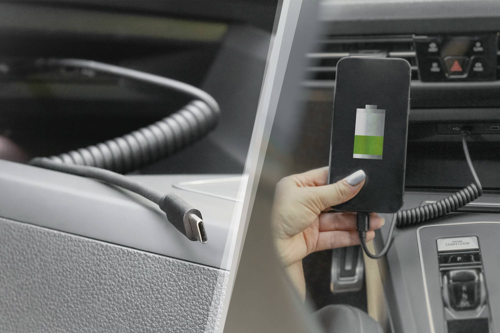 Ein Smartphone wird im Auto über ein Ladekabel aufgeladen. Auf dem Bildschirm des Telefons wird eine teilweise gefüllte Batterie angezeigt.