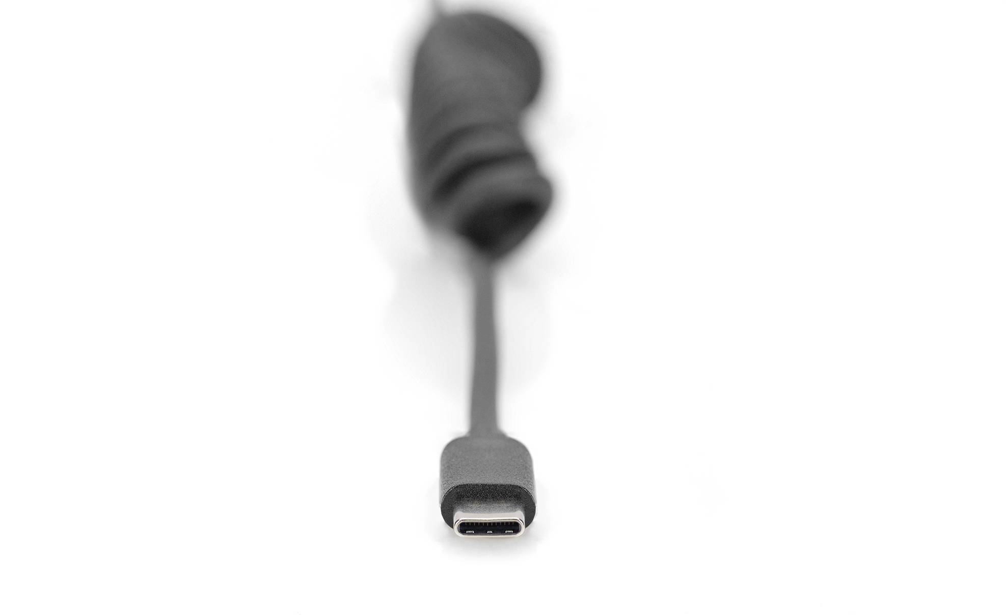 Ein schwarzes USB-C-Kabel, fokussiert auf den Anschluss, der nach vorne zeigt. Der Hintergrund ist unscharf.